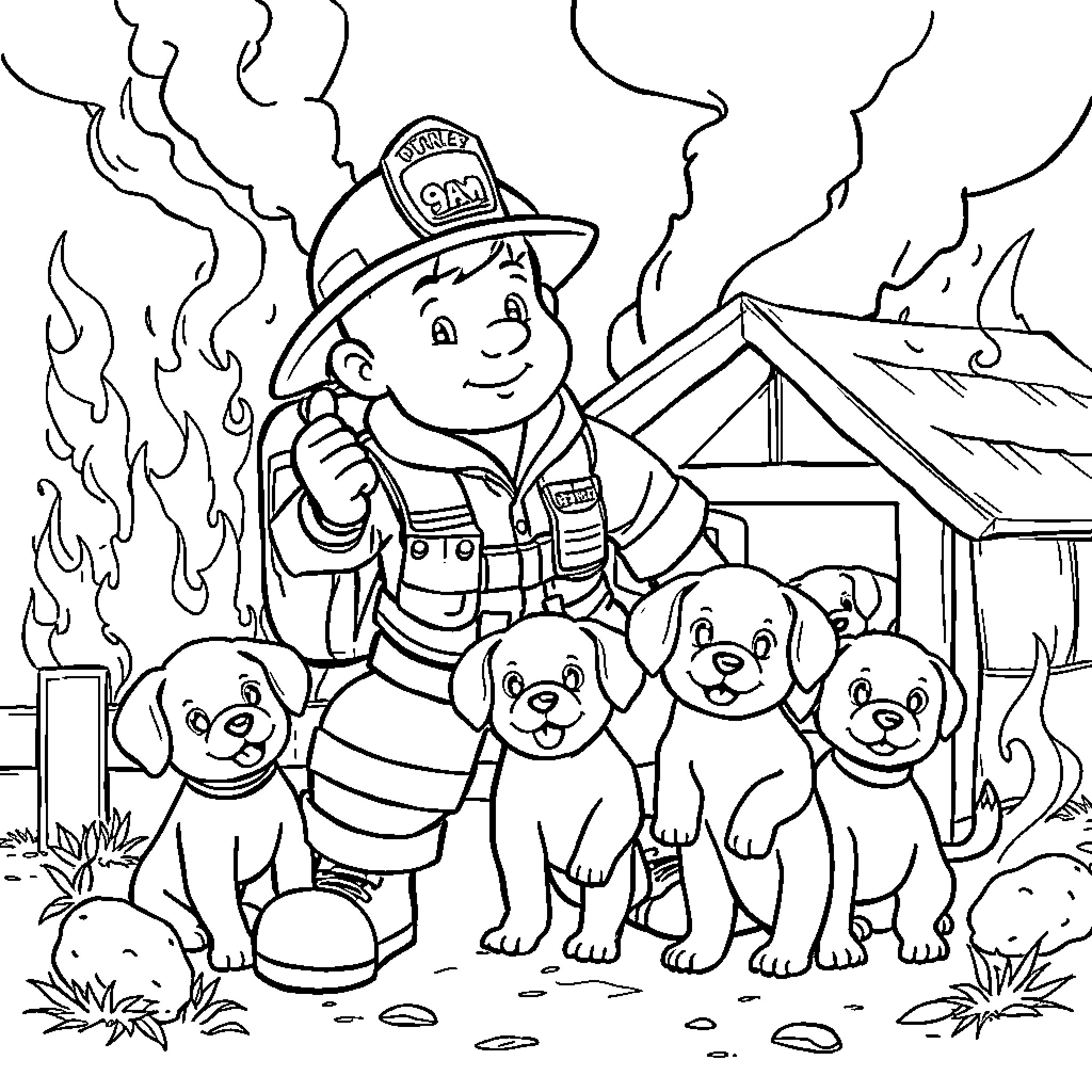 Fireman rescuing cute puppies from burning building Coloring Page (free black-and-white line drawing printable PDF for all, from beginners to advanced learners, including children, teens, adults, and seniors)