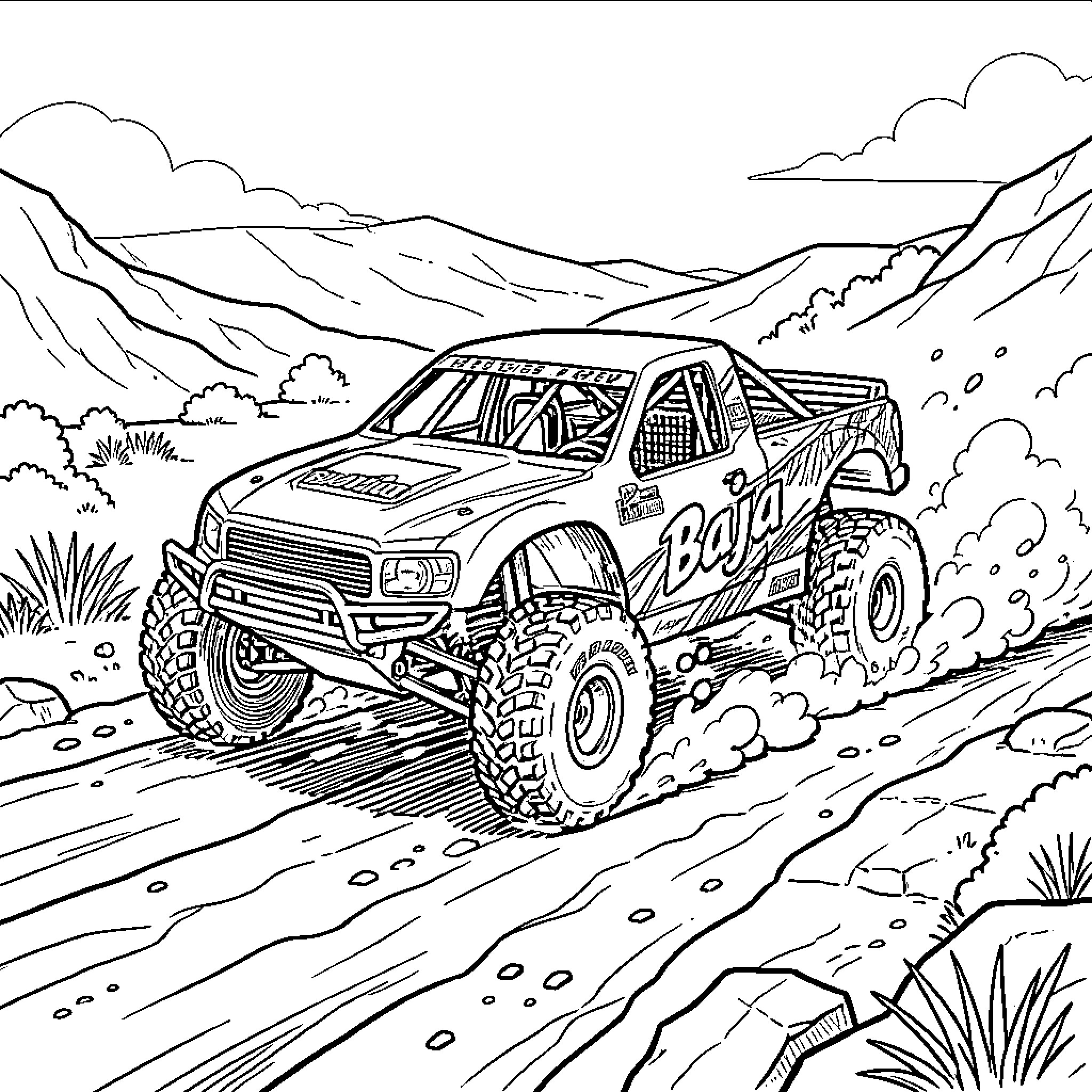 Baja Trophy Truck racing through a dusty desert trail Coloring Page (free black-and-white line drawing printable PDF for all, from beginners to advanced learners, including children, teens, adults, and seniors)