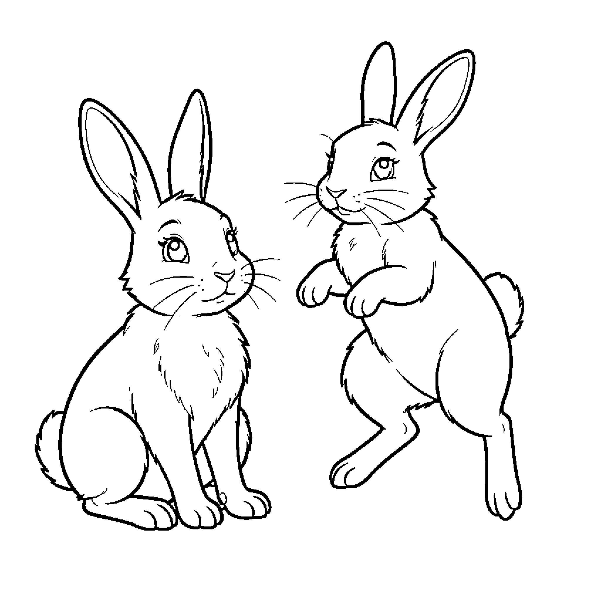 Conejo rabbits playing and posing together Coloring Page (free black-and-white line drawing printable PDF for all, from beginners to advanced learners, including children, teens, adults, and seniors)