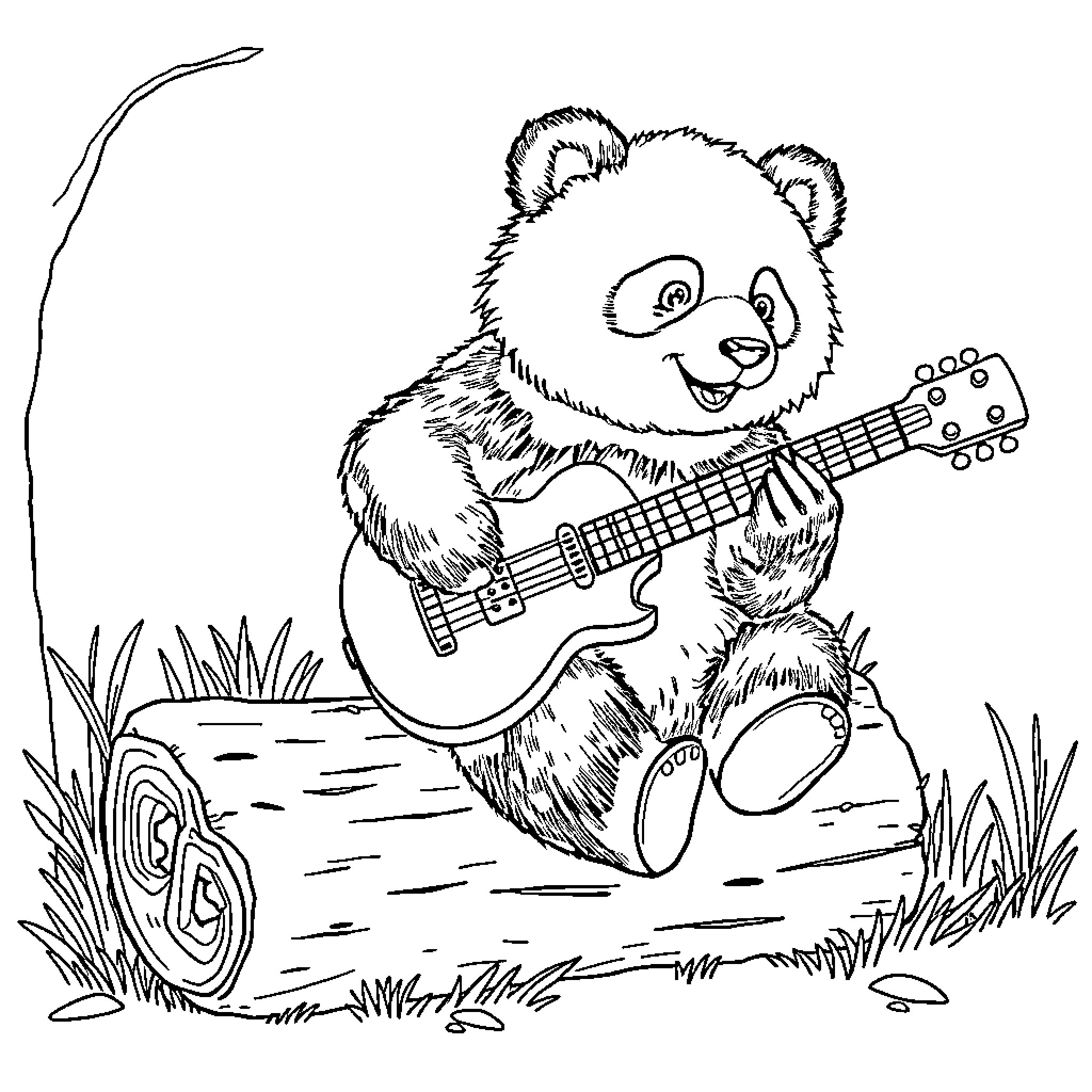 Panda playing guitar in the meadow Coloring Page (free black-and-white line drawing printable PDF for all, from beginners to advanced learners, including children, teens, adults, and seniors)