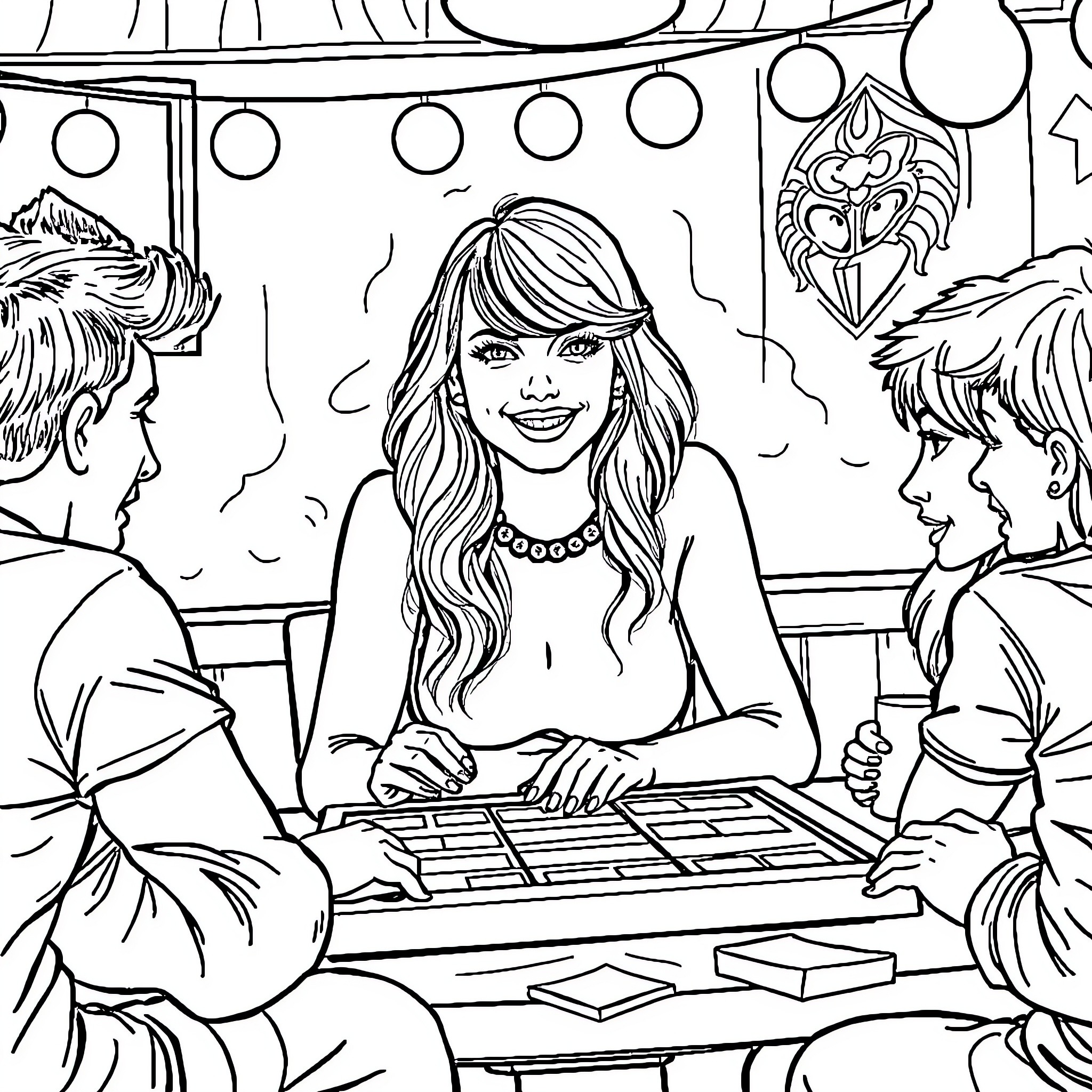 Taylor Swift performing on stage with band members Coloring Page (free black-and-white line drawing printable PDF for all, from beginners to advanced learners, including children, teens, adults, and seniors)