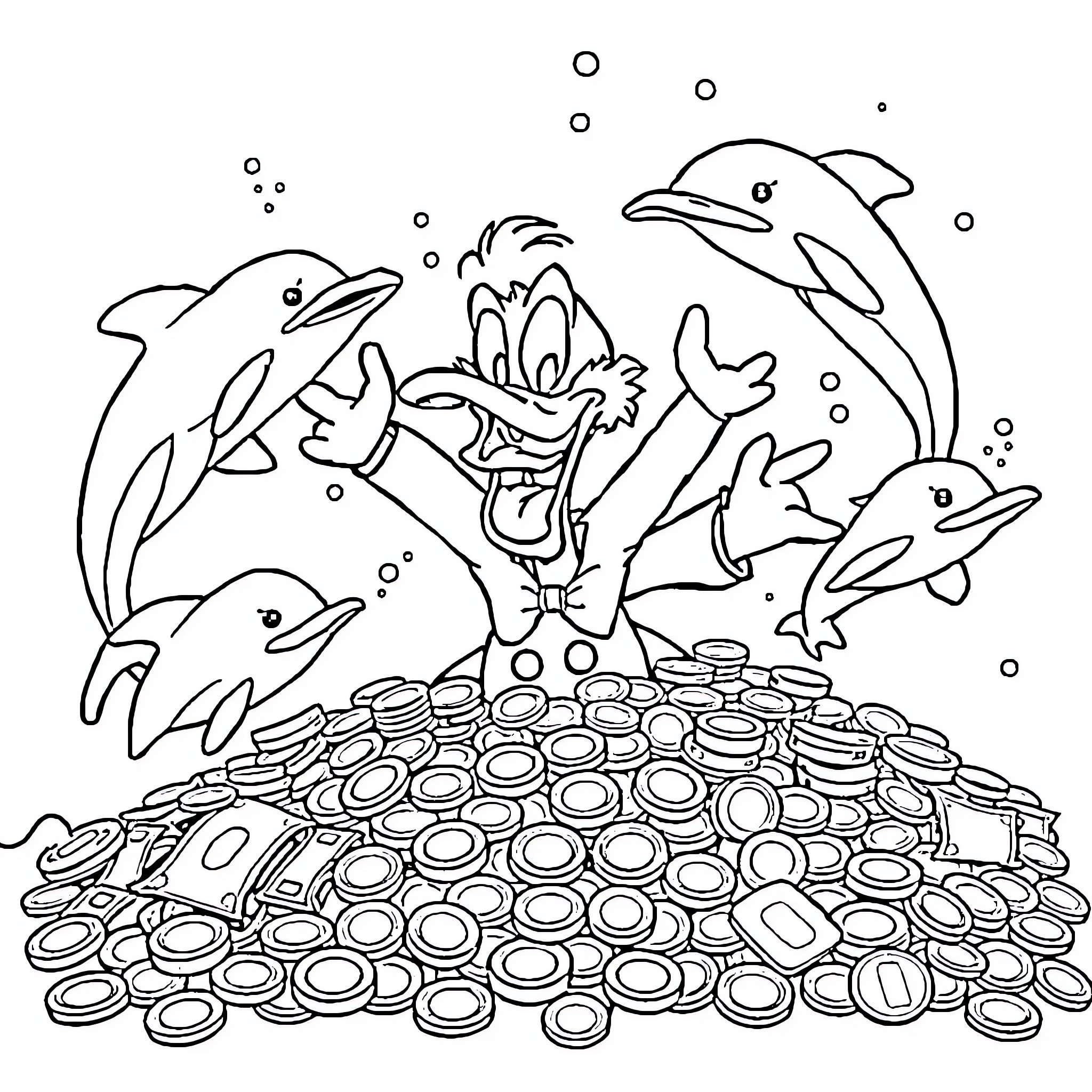 Dolphins playing joyfully on a treasure trove Coloring Page (free black-and-white line drawing printable PDF for all, from beginners to advanced learners, including children, teens, adults, and seniors)