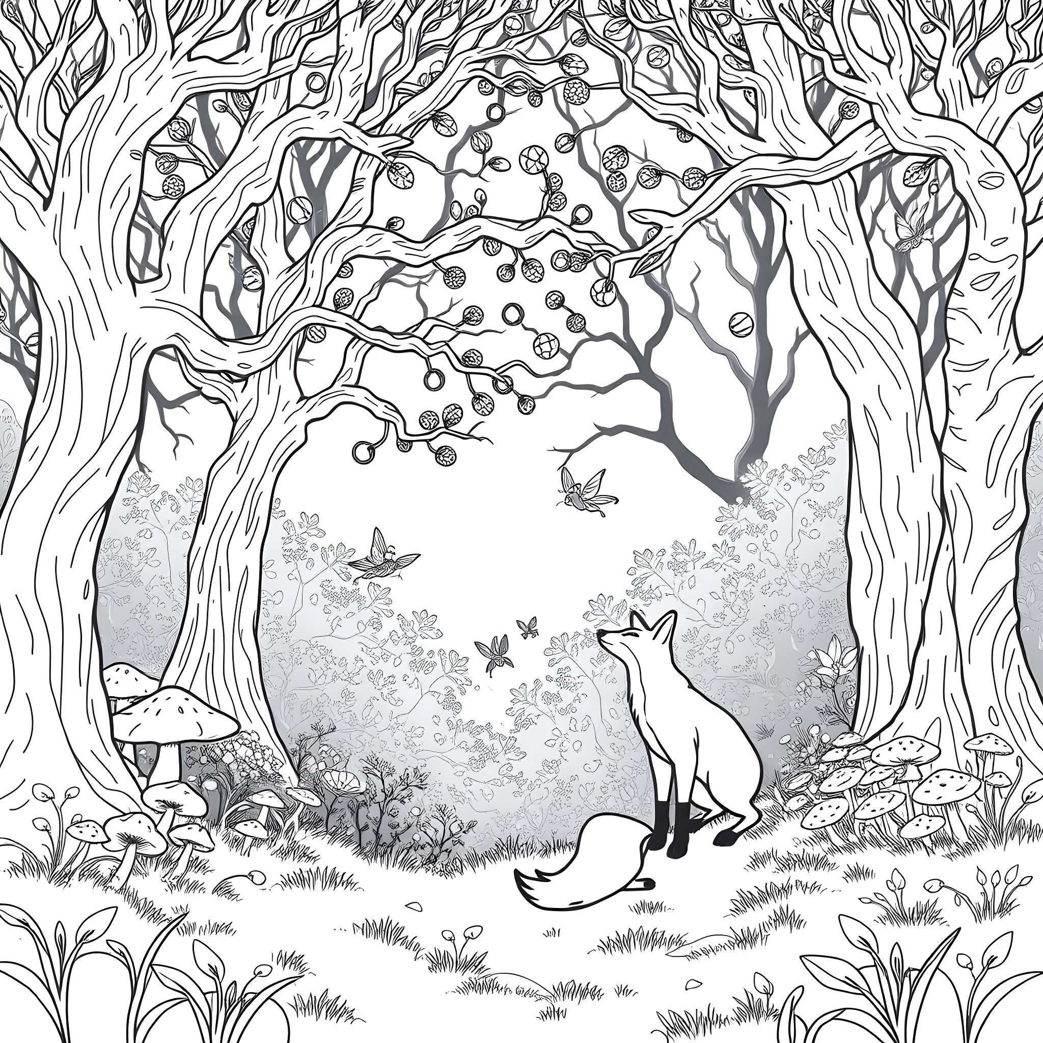 Fox in the Enchanted Forest Coloring Page (free black-and-white line drawing printable PDF for all, from beginners to advanced learners, including children, teens, adults, and seniors)