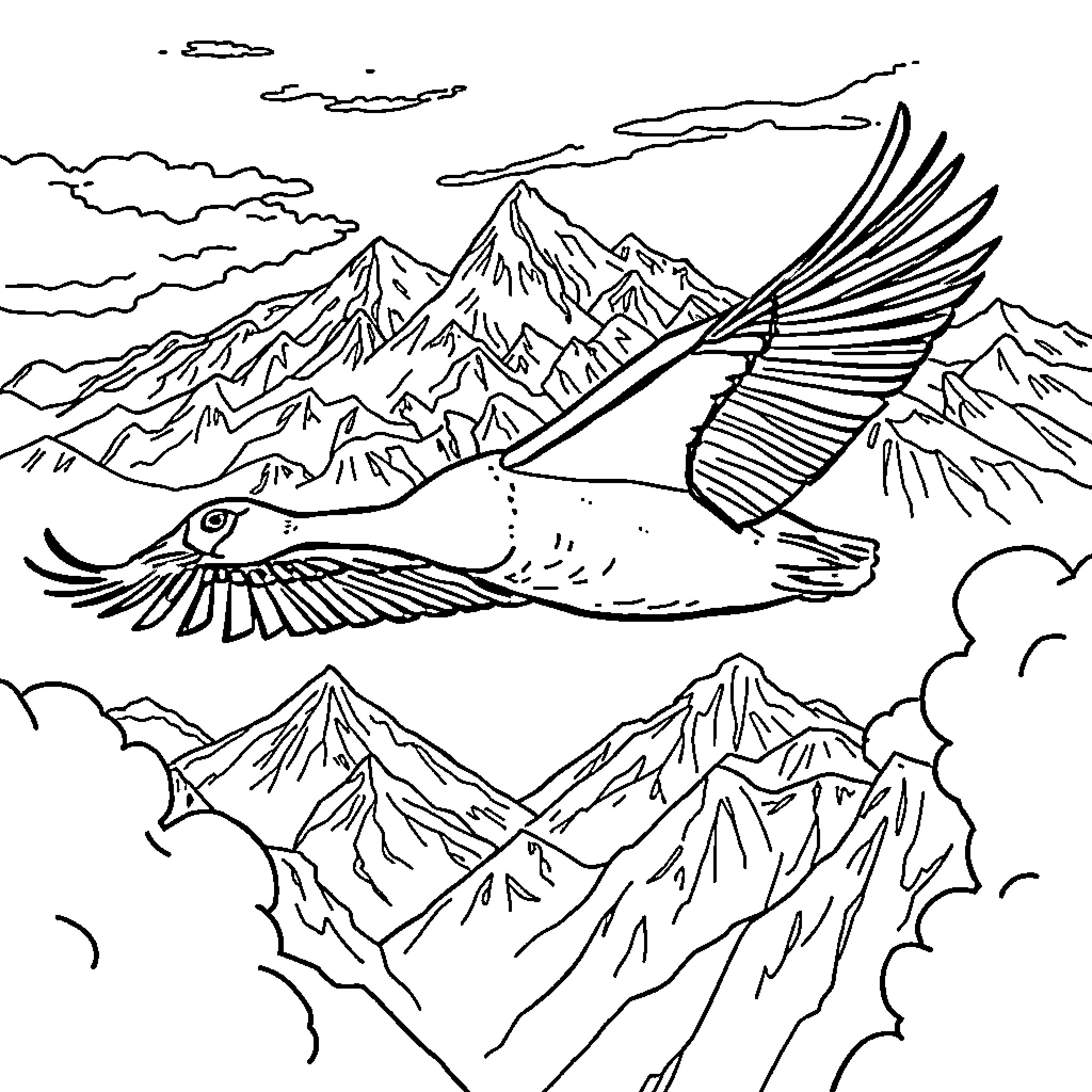 Goose soaring over majestic mountain landscape Coloring Page (free black-and-white line drawing printable PDF for all, from beginners to advanced learners, including children, teens, adults, and seniors)