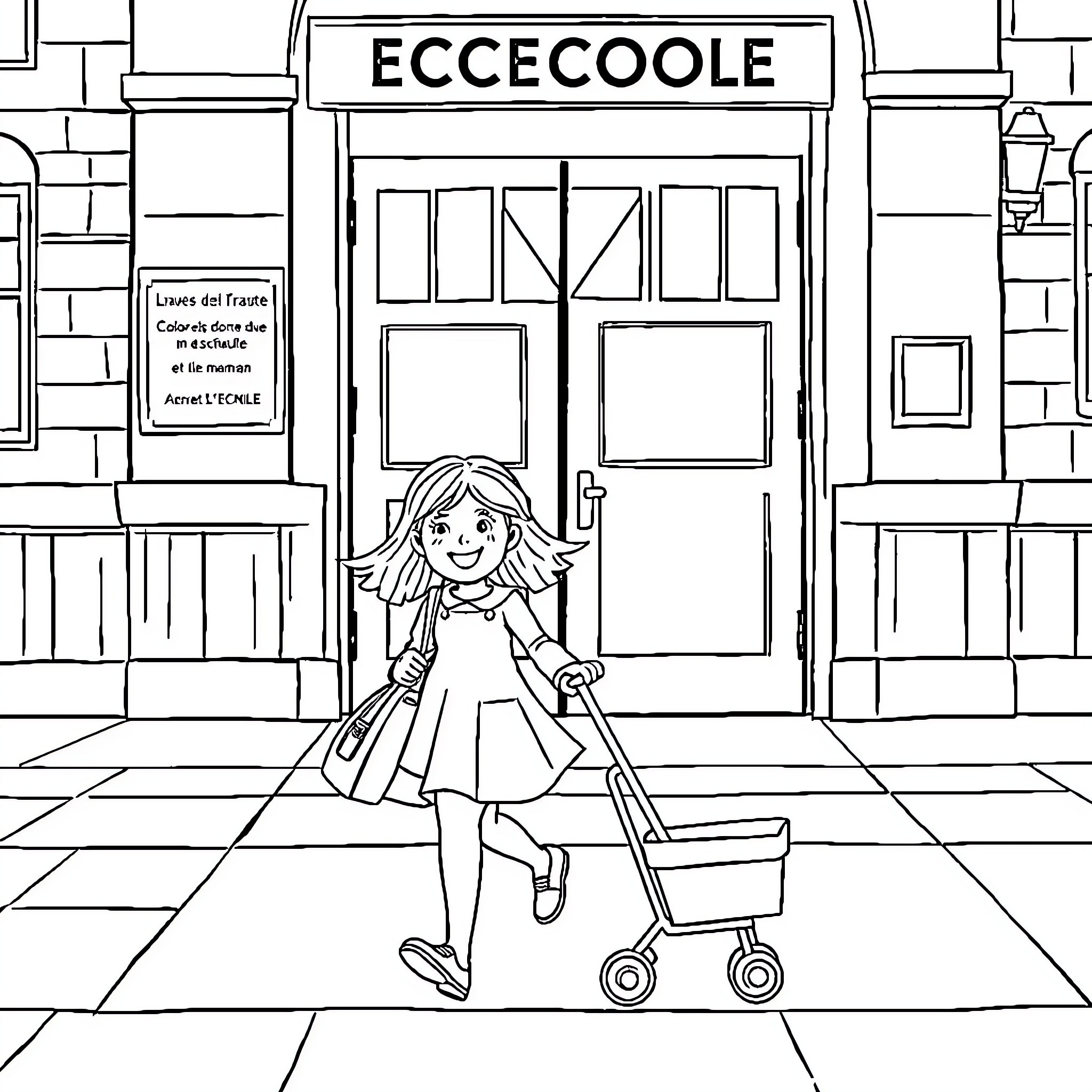 Fille walking with shopping cart near Eccecoole building Coloring Page (free black-and-white line drawing printable PDF for all, from beginners to advanced learners, including children, teens, adults, and seniors)