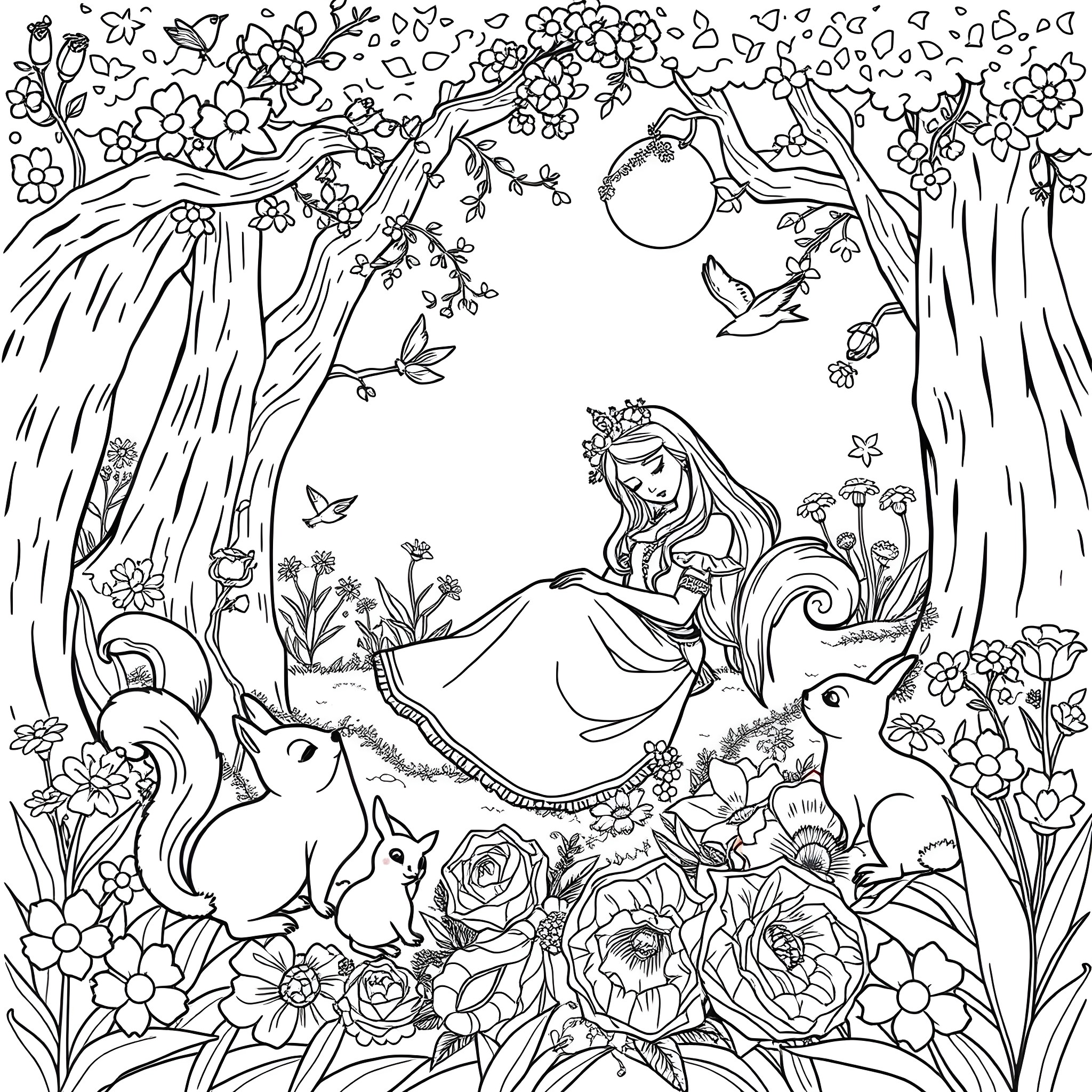 Animal Forest Scene with Magical Creatures Coloring Page (free black-and-white line drawing printable PDF for all, from beginners to advanced learners, including children, teens, adults, and seniors)