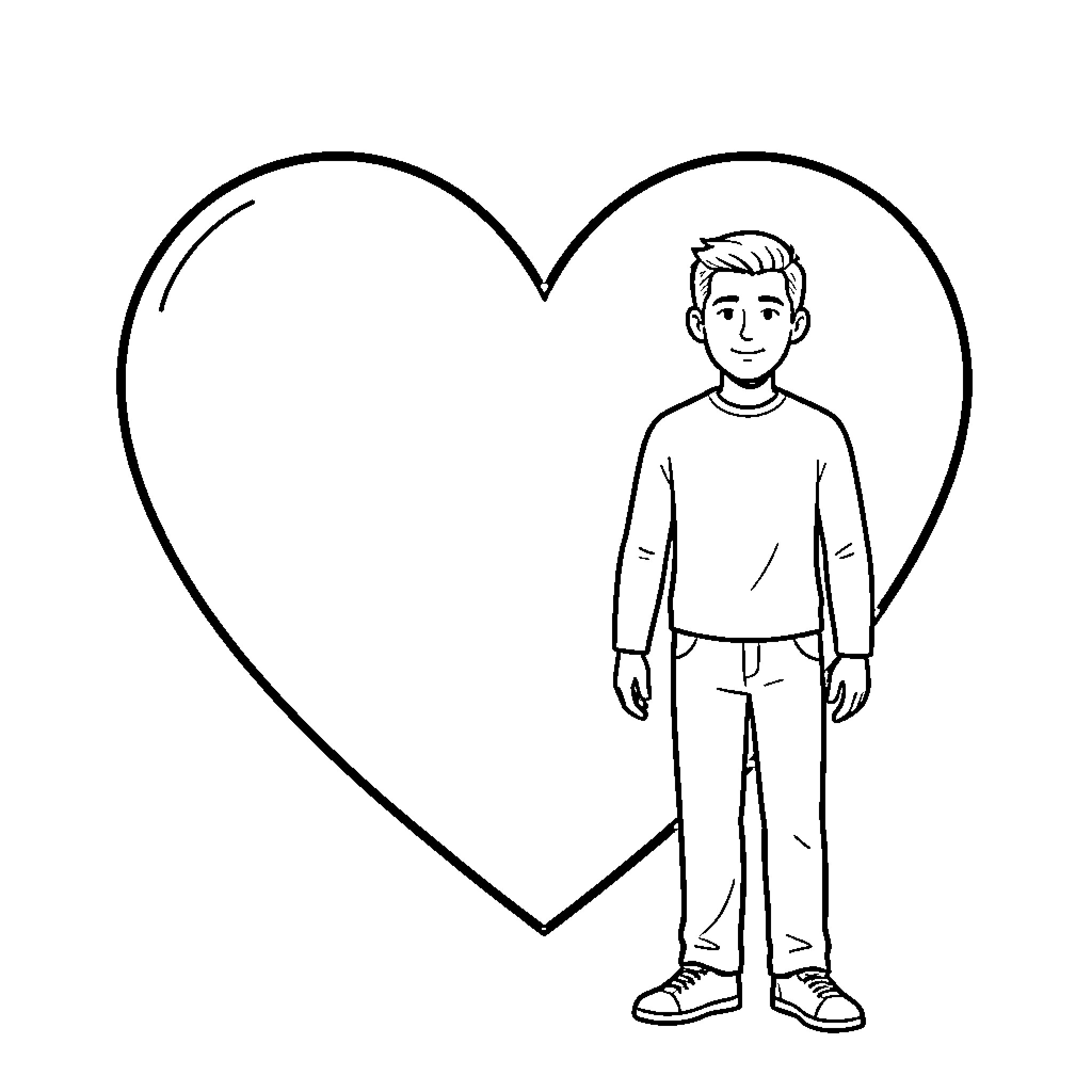 Heart shape with a smiling boy standing nearby Coloring Page (free black-and-white line drawing printable PDF for all, from beginners to advanced learners, including children, teens, adults, and seniors)