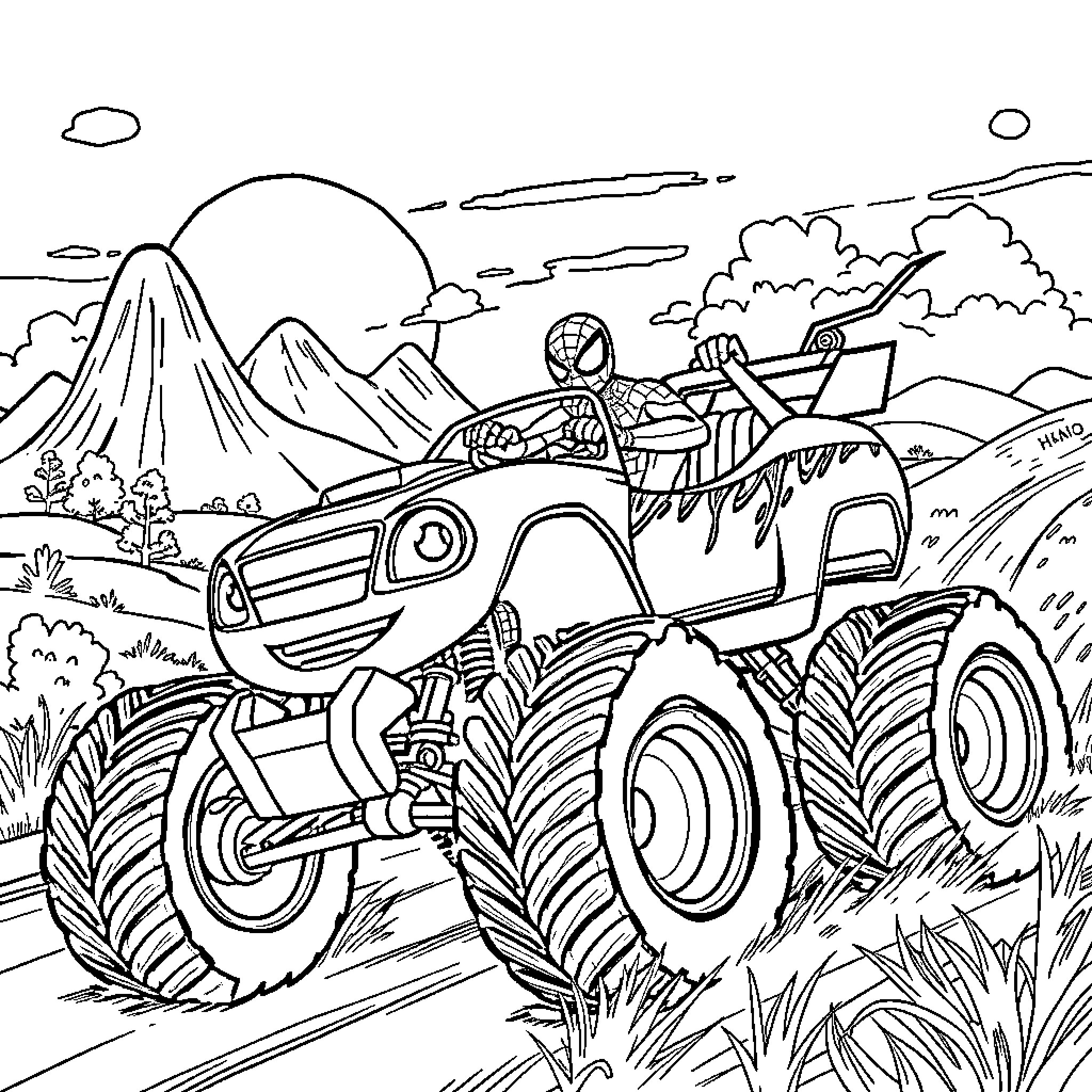 Spiderman riding an epic monster truck through the wilderness Coloring Page (free black-and-white line drawing printable PDF for all, from beginners to advanced learners, including children, teens, adults, and seniors)