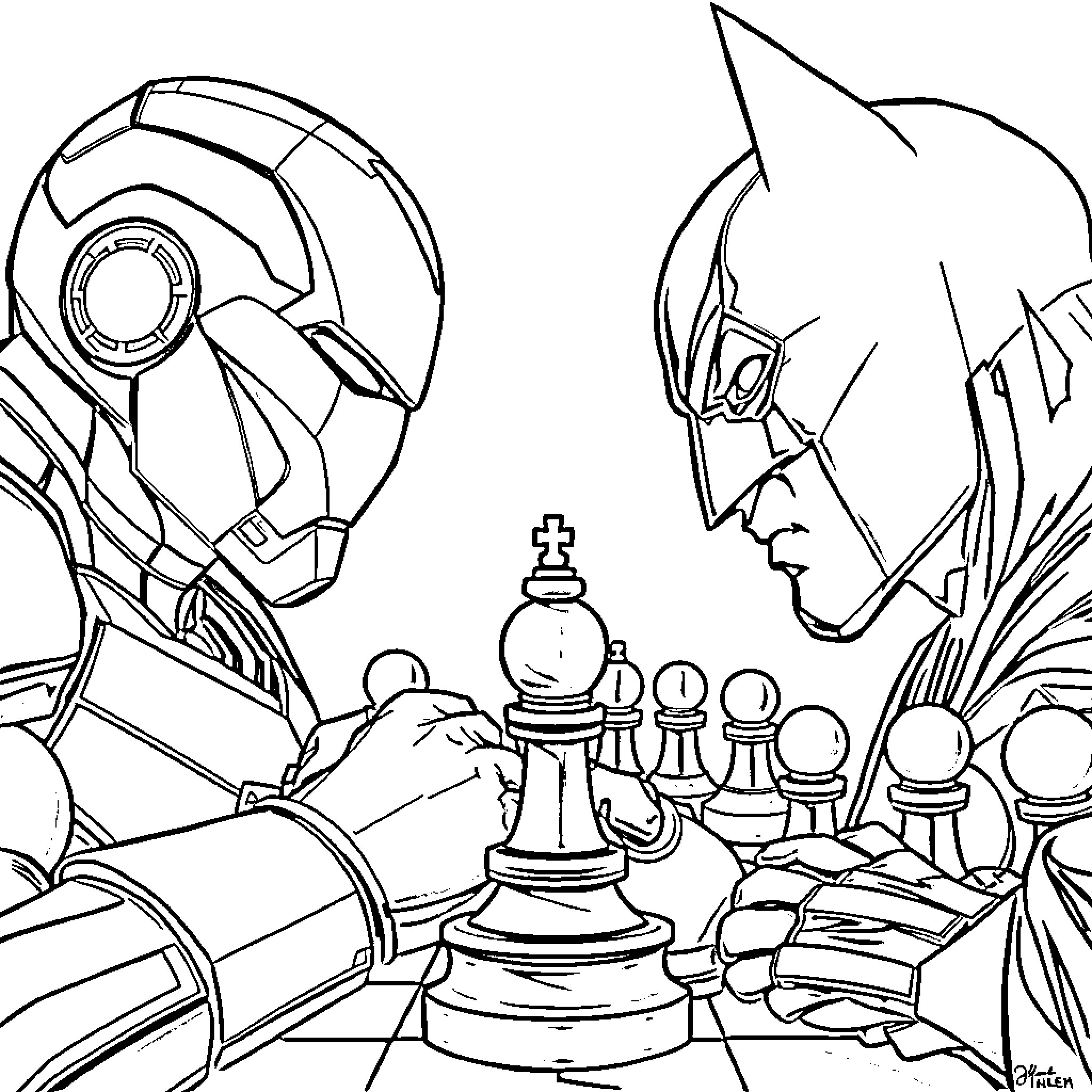 Chess match between robotic adversaries Coloring Page (free black-and-white line drawing printable PDF for all, from beginners to advanced learners, including children, teens, adults, and seniors)