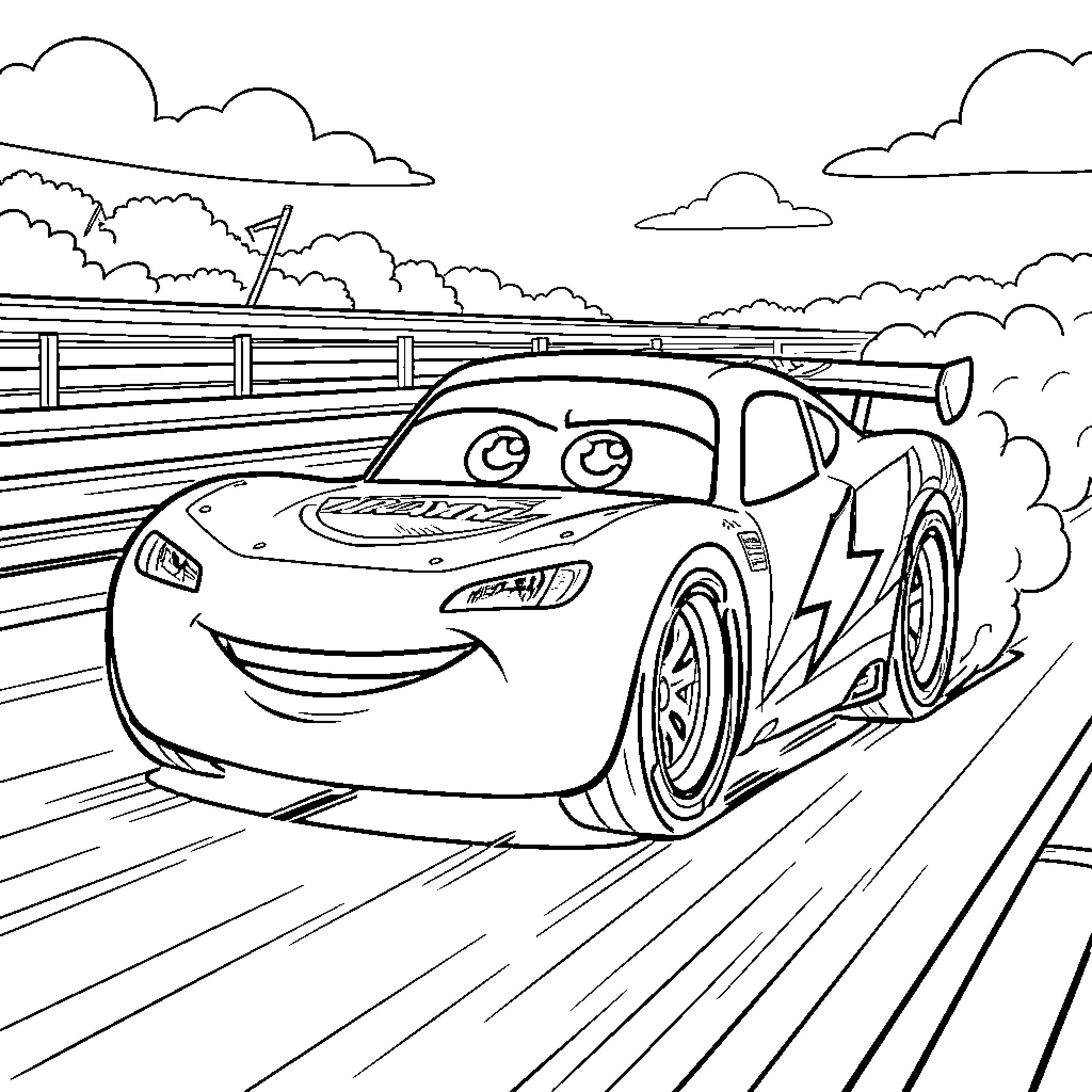 Rayo McQueen speeding down the racetrack Coloring Page (free black-and-white line drawing printable PDF for all, from beginners to advanced learners, including children, teens, adults, and seniors)
