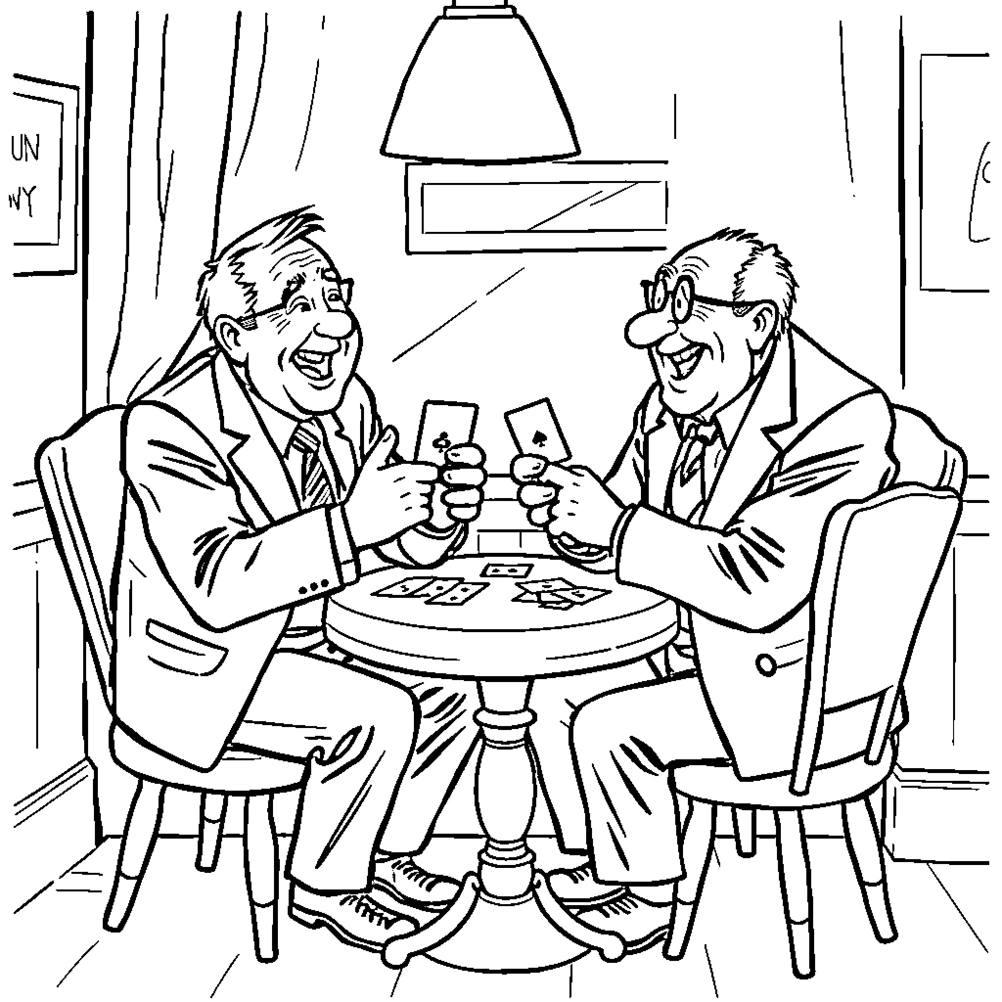 Fred Sandford and Friend Celebrate with Drinks Coloring Page (free black-and-white line drawing printable PDF for all, from beginners to advanced learners, including children, teens, adults, and seniors)