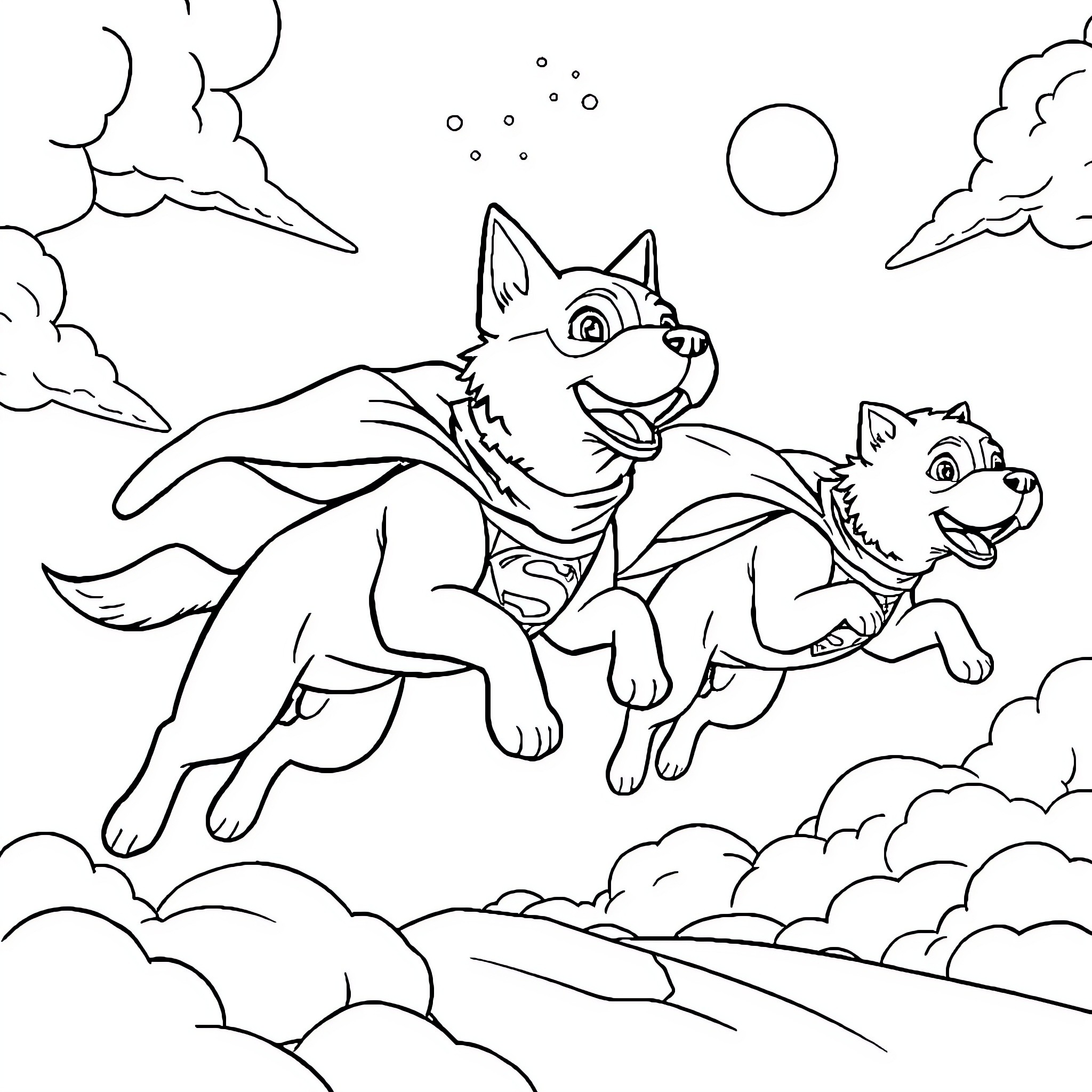 Dogs playing joyfully in the clouds Coloring Page (free black-and-white line drawing printable PDF for all, from beginners to advanced learners, including children, teens, adults, and seniors)