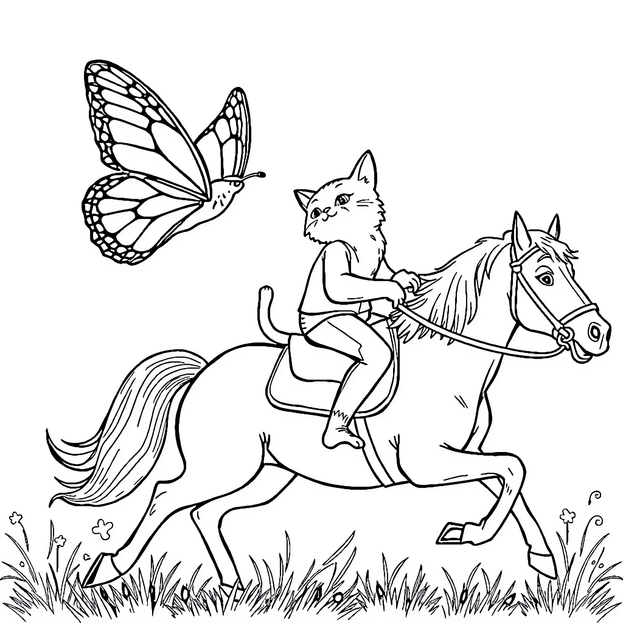 Butterfly Rider Galloping on Horse in Nature Coloring Page (free black-and-white line drawing printable PDF for all, from beginners to advanced learners, including children, teens, adults, and seniors)