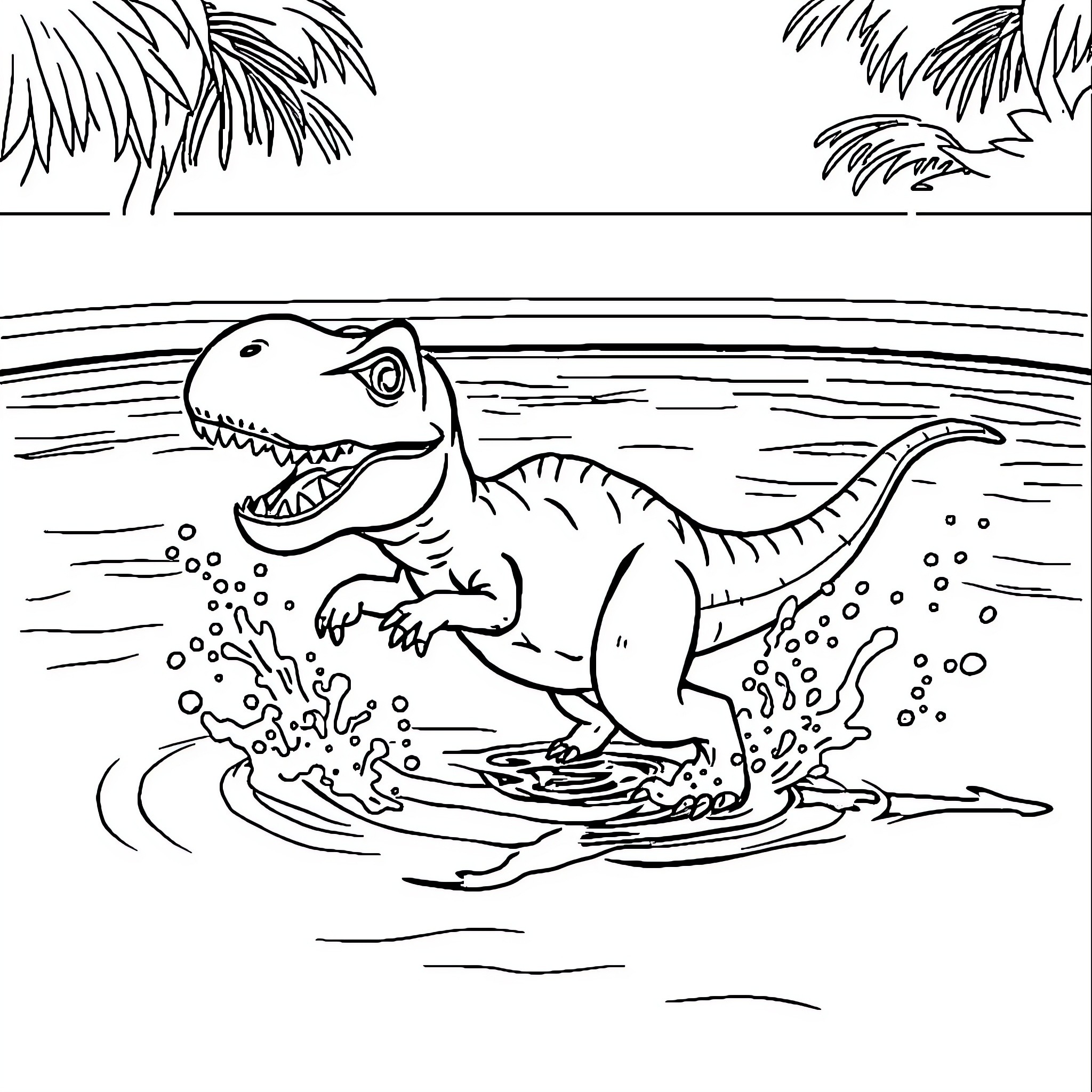 Dino playing in shallow water Coloring Page (free black-and-white line drawing printable PDF for all, from beginners to advanced learners, including children, teens, adults, and seniors)