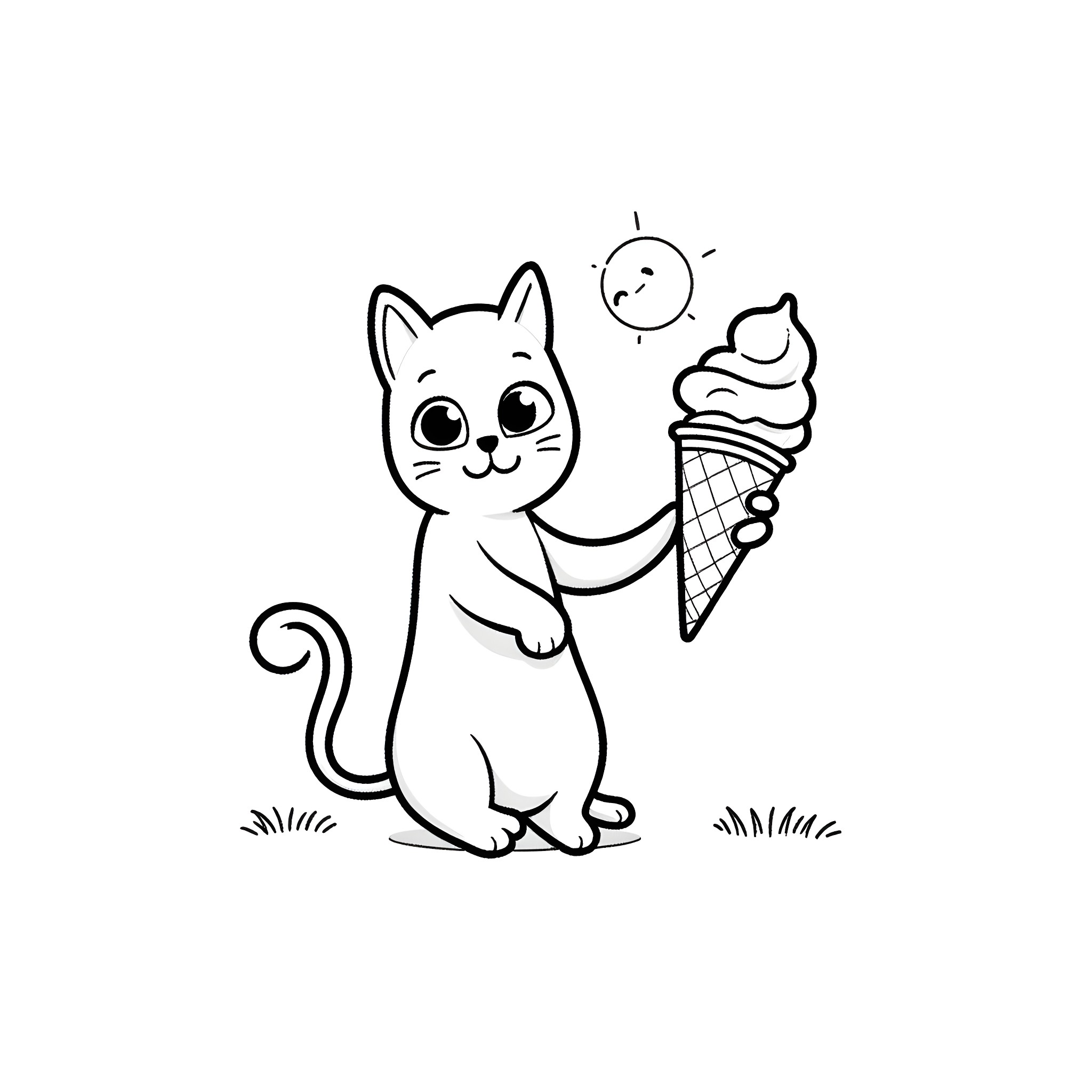 Cat enjoying an ice cream cone Coloring Page (free black-and-white line drawing printable PDF for all, from beginners to advanced learners, including children, teens, adults, and seniors)