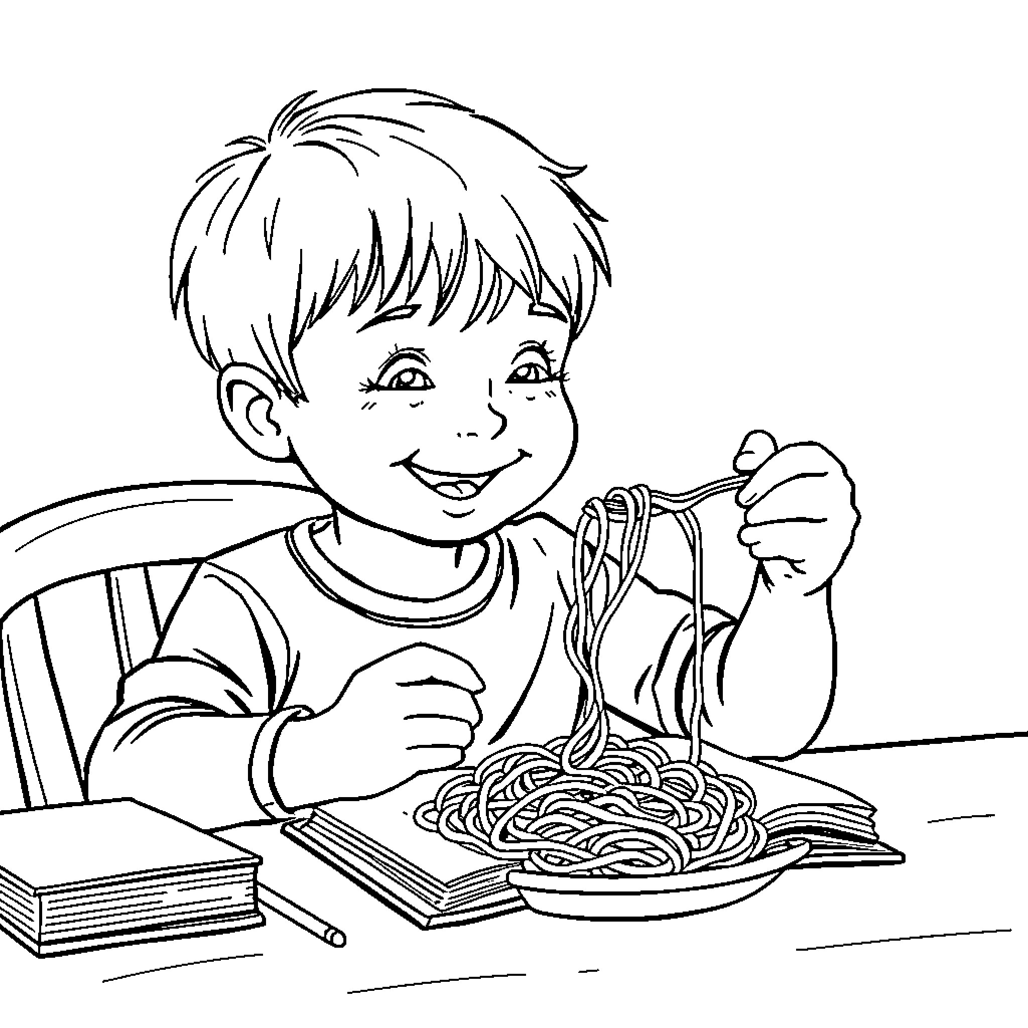 Child enjoys a delicious meal at the table Coloring Page (free black-and-white line drawing printable PDF for all, from beginners to advanced learners, including children, teens, adults, and seniors)