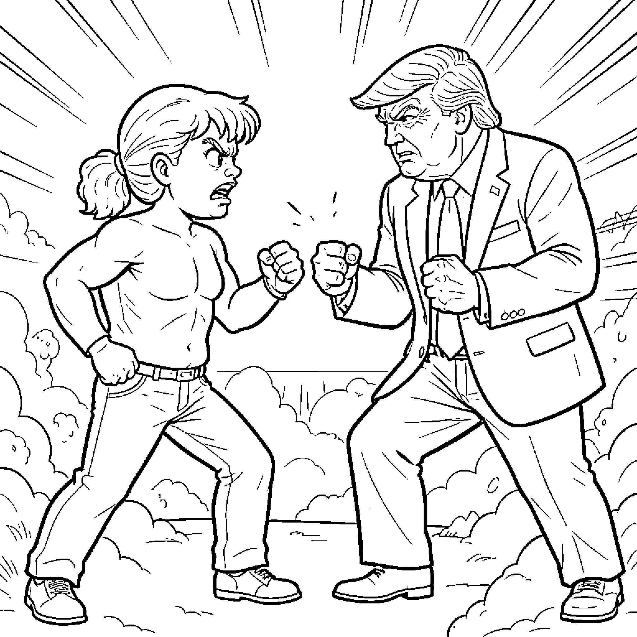 Chabelo facing off in a tense confrontation Coloring Page (free black-and-white line drawing printable PDF for all, from beginners to advanced learners, including children, teens, adults, and seniors)