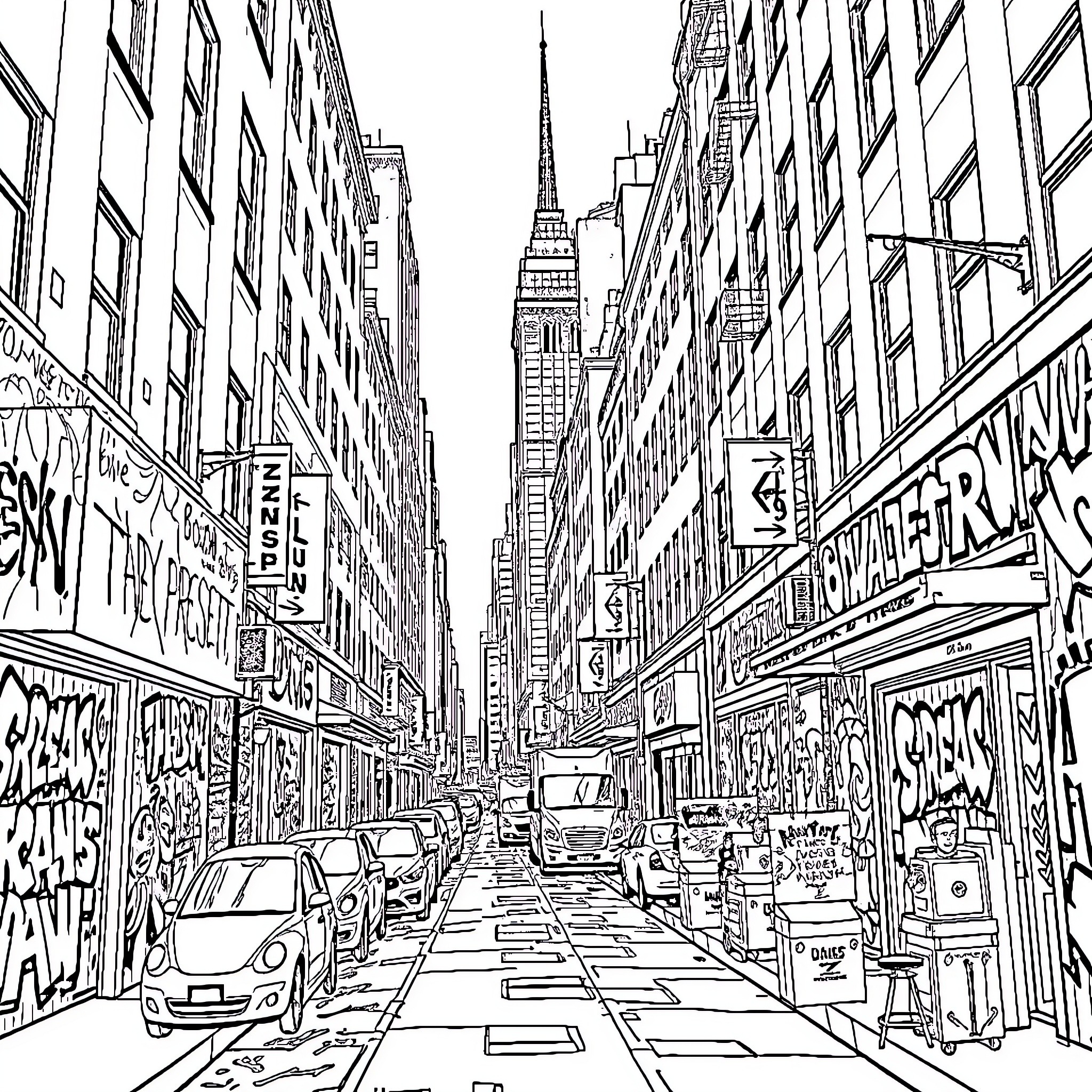 City Street Scene with Towering Skyscrapers and Graffiti Coloring Page (free black-and-white line drawing printable PDF for all, from beginners to advanced learners, including children, teens, adults, and seniors)