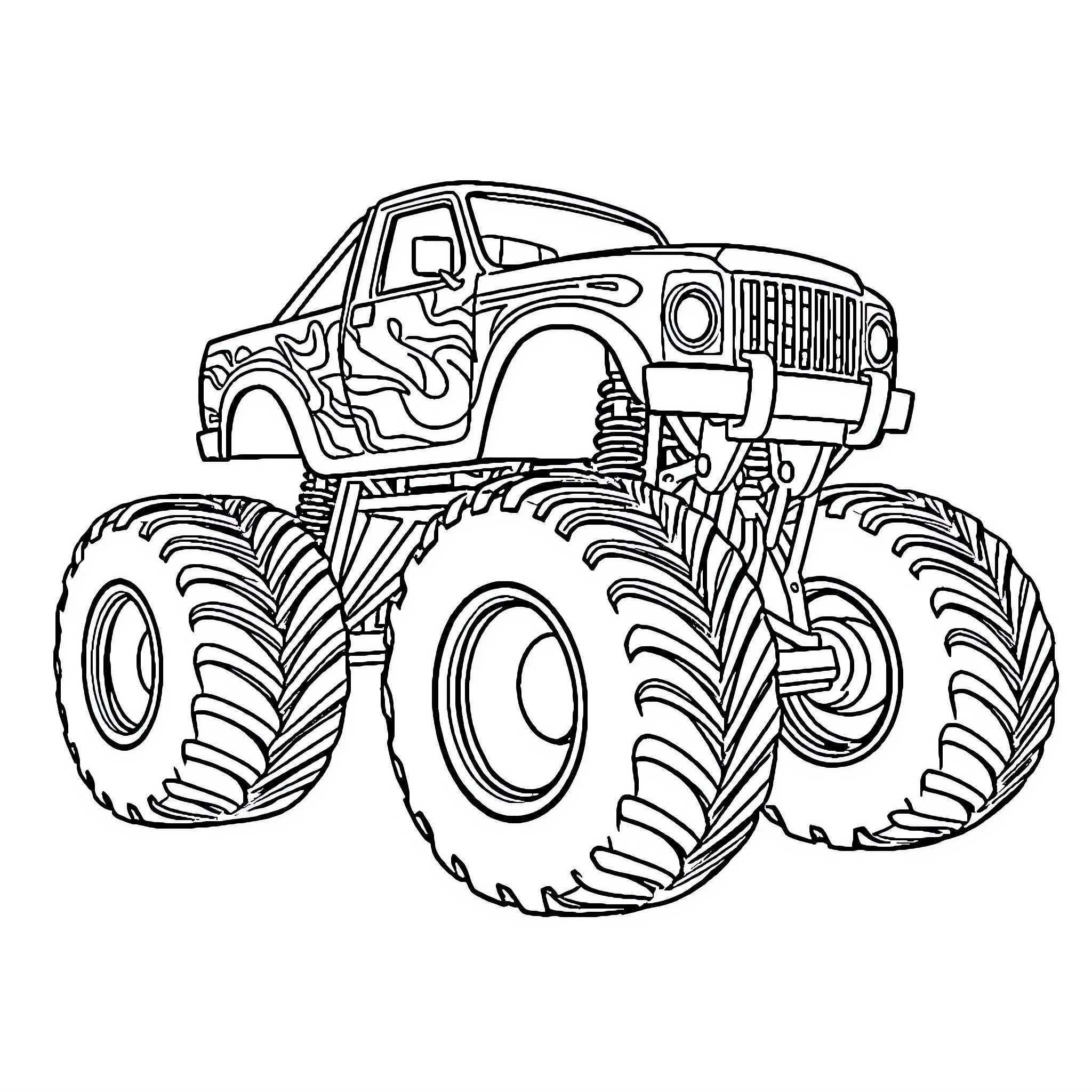 Monster Truck Performing Extreme Stunts Coloring Page (free black-and-white line drawing printable PDF for all, from beginners to advanced learners, including children, teens, adults, and seniors)