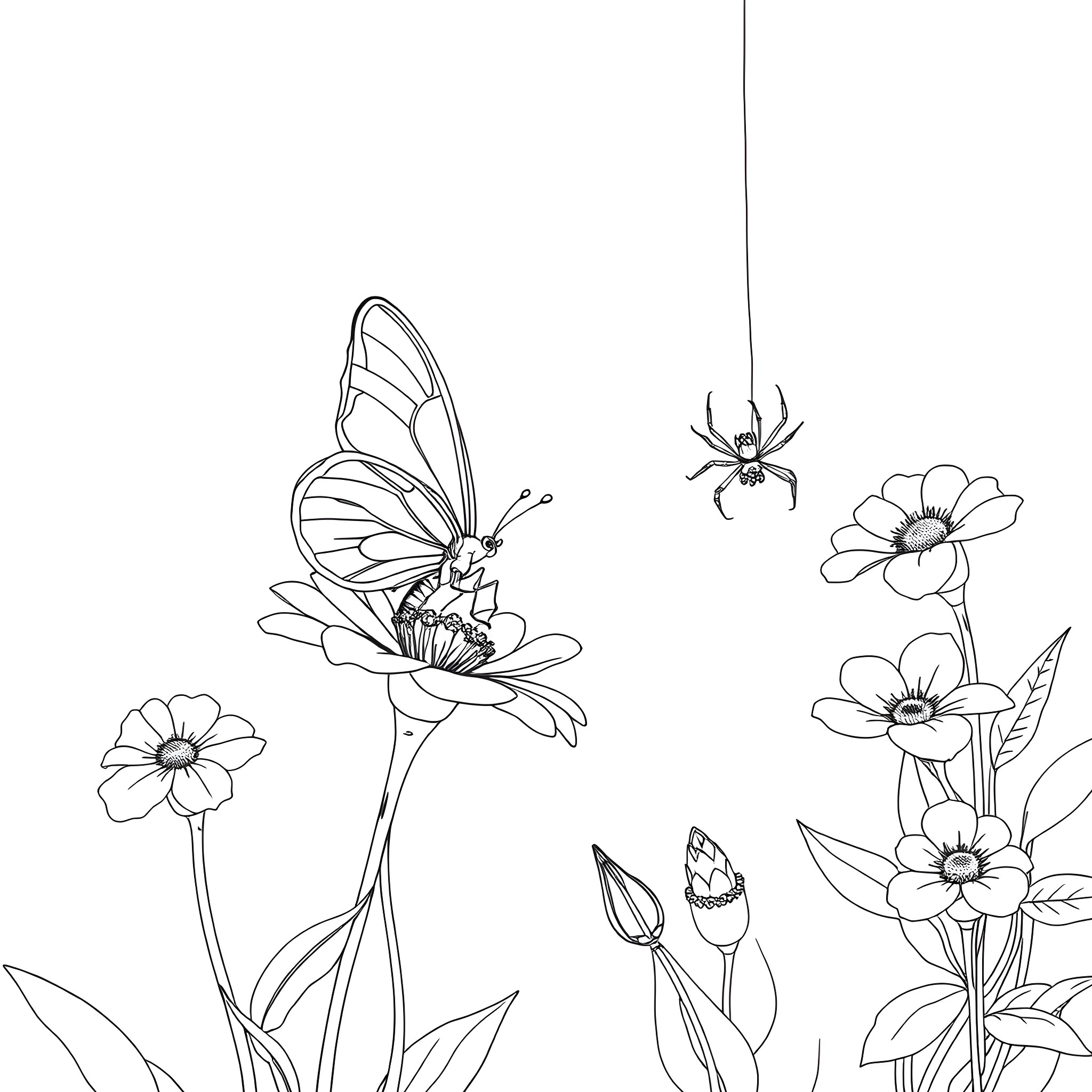 Butterflies and flowers in a garden Coloring Page (free black-and-white line drawing printable PDF for all, from beginners to advanced learners, including children, teens, adults, and seniors)