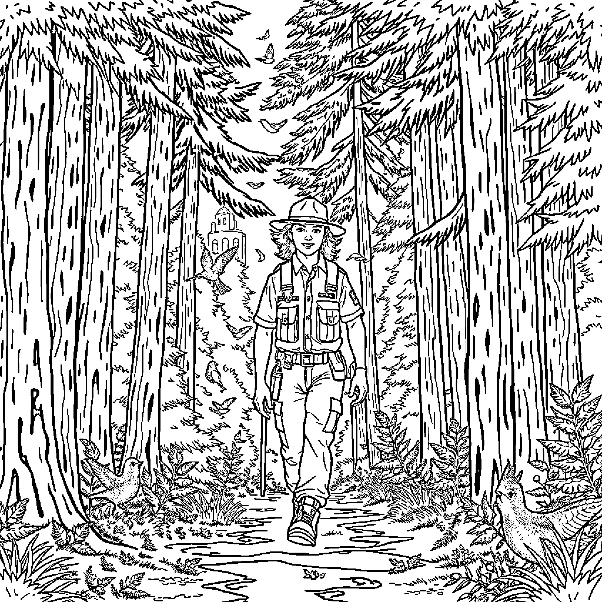 Forest Ranger exploring the wilderness Coloring Page (free black-and-white line drawing printable PDF for all, from beginners to advanced learners, including children, teens, adults, and seniors)