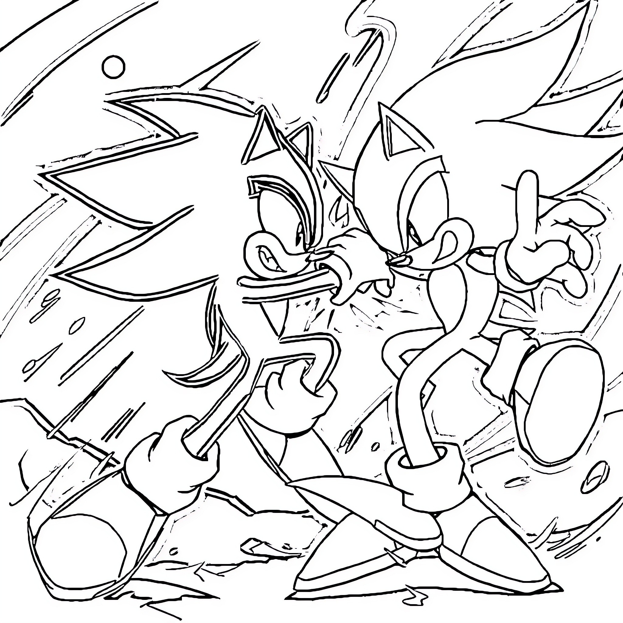 Sonic's Energetic Adventure with Chaotic Surroundings Coloring Page (free black-and-white line drawing printable PDF for all, from beginners to advanced learners, including children, teens, adults, and seniors)