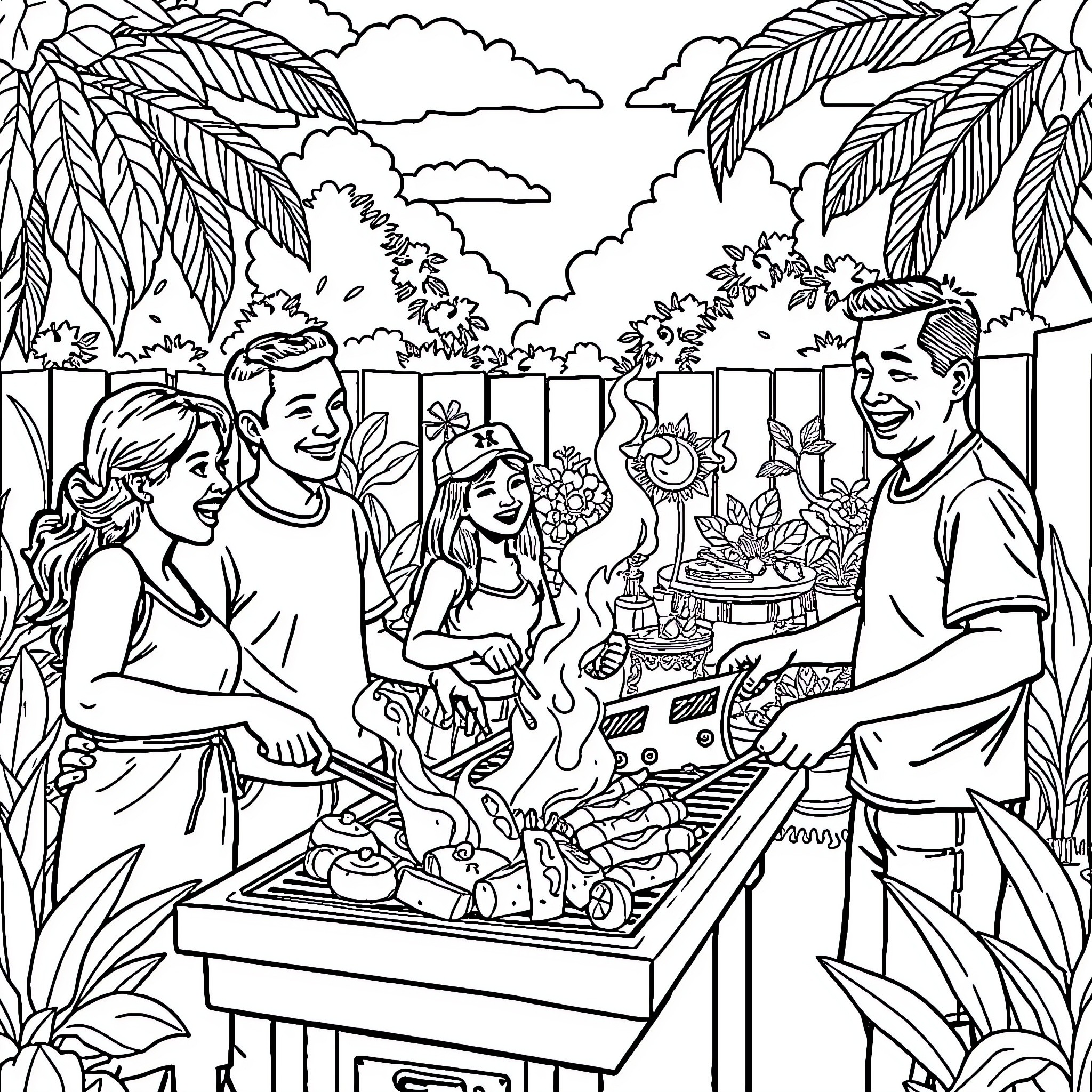 Filipino Family Enjoying a Backyard Barbeque Gathering Coloring Page (free black-and-white line drawing printable PDF for all, from beginners to advanced learners, including children, teens, adults, and seniors)