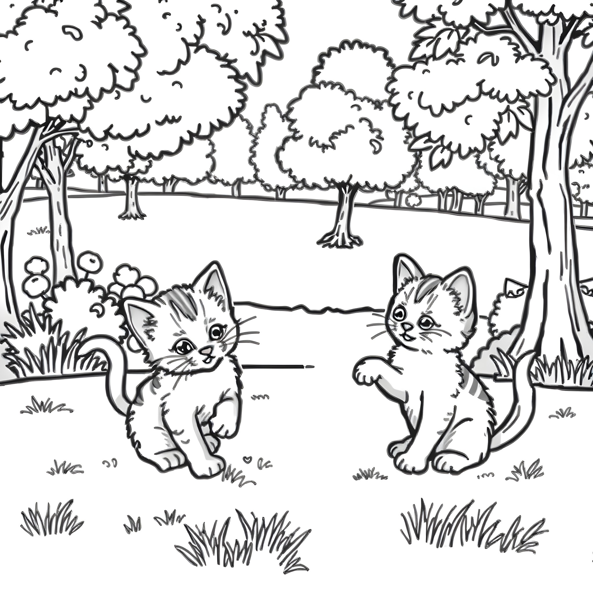 Kittens playing in the forest Coloring Page (free black-and-white line drawing printable PDF for all, from beginners to advanced learners, including children, teens, adults, and seniors)