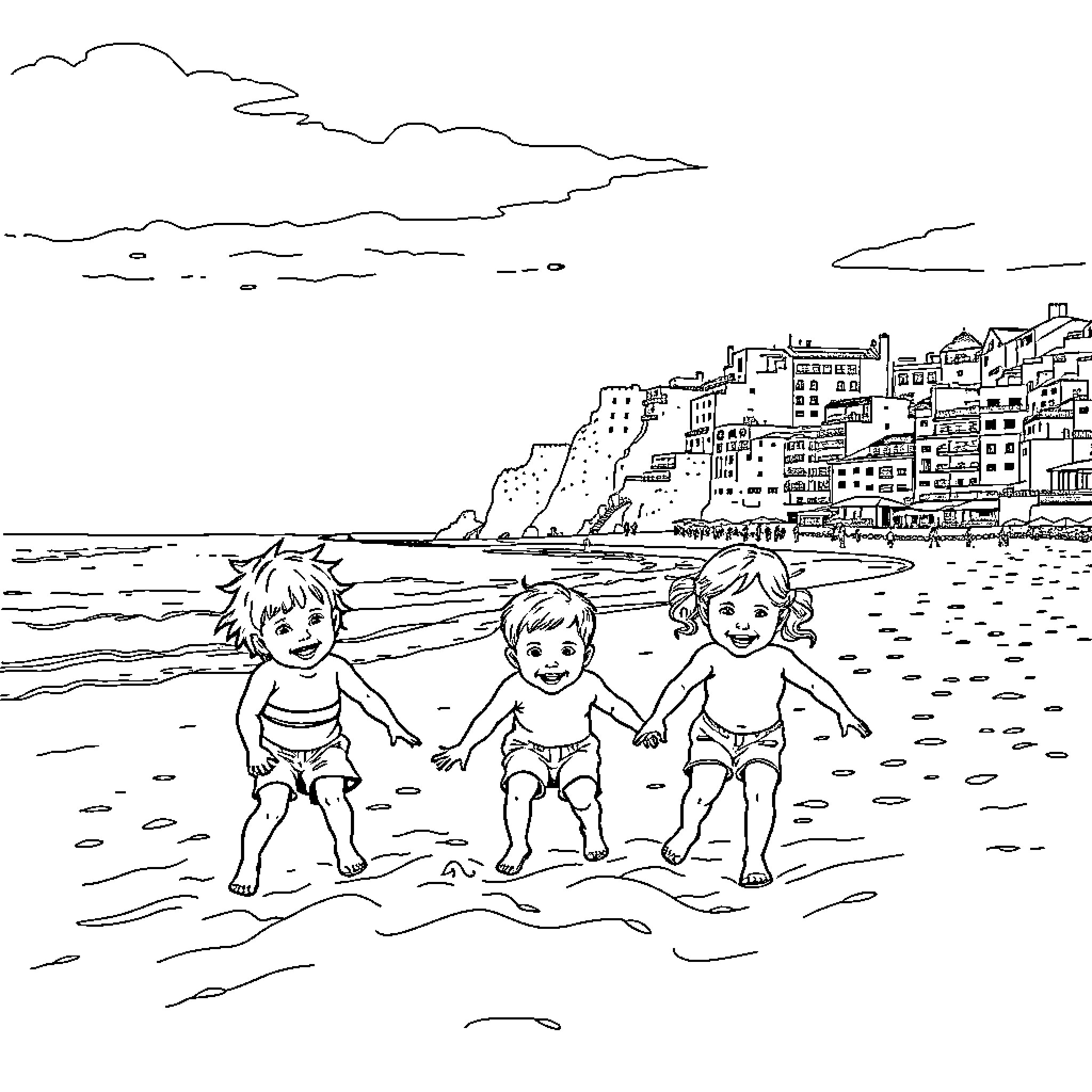 Children playing joyfully on the beach Coloring Page (free black-and-white line drawing printable PDF for all, from beginners to advanced learners, including children, teens, adults, and seniors)