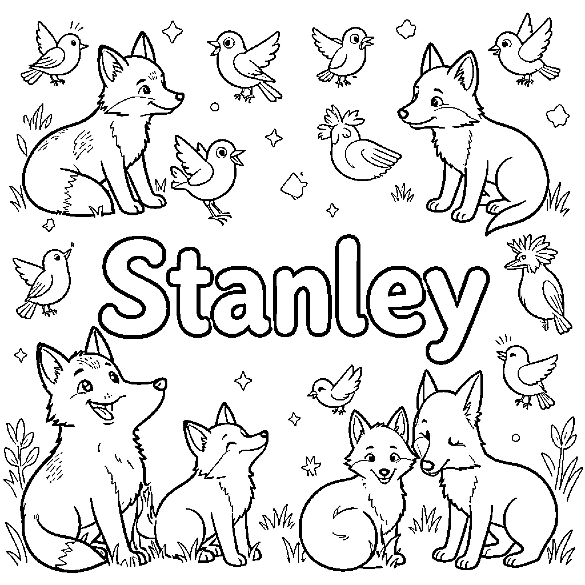 Stanley surrounded by happy foxes and small birds Coloring Page (free black-and-white line drawing printable PDF for all, from beginners to advanced learners, including children, teens, adults, and seniors)
