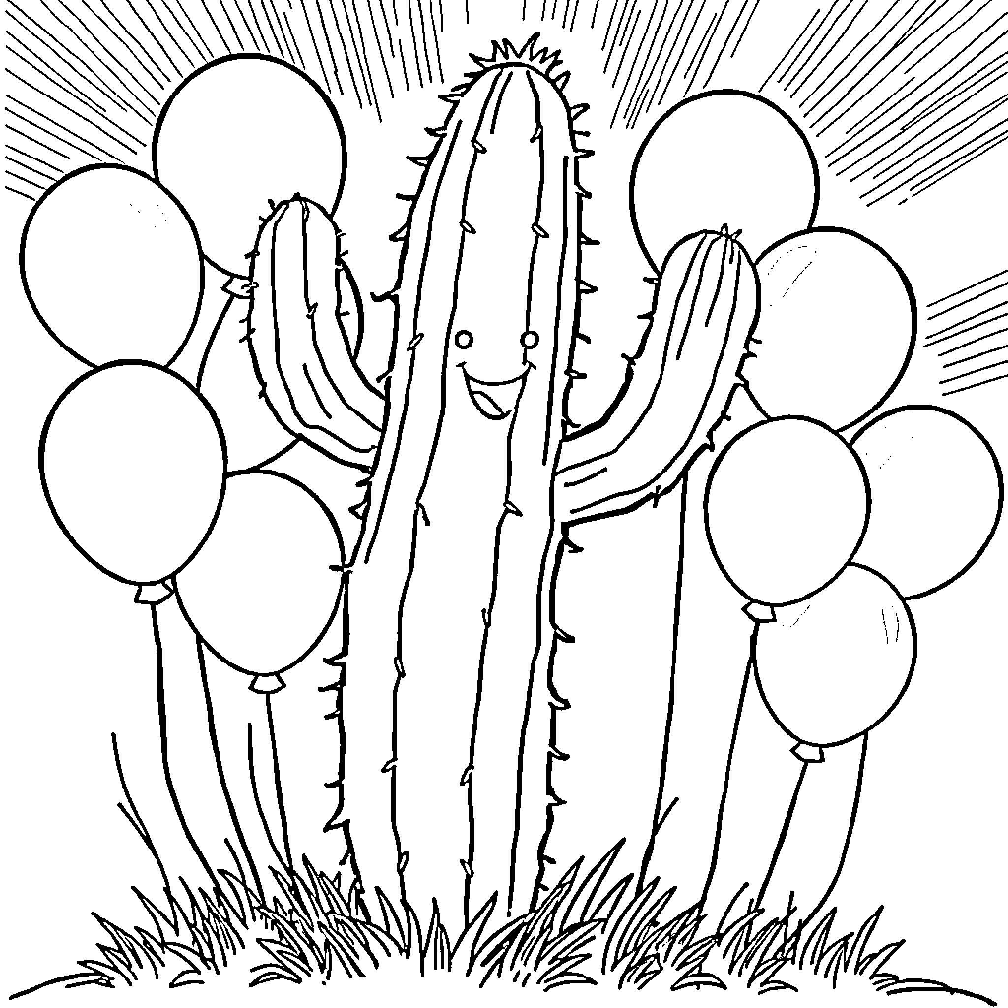 Cactus surrounded by cheerful balloons Coloring Page (free black-and-white line drawing printable PDF for all, from beginners to advanced learners, including children, teens, adults, and seniors)