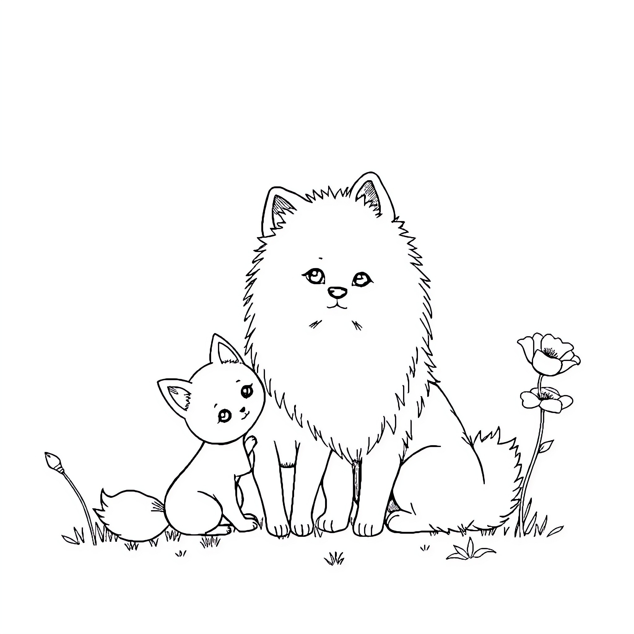 Fox and kittens playing in the meadow Coloring Page (free black-and-white line drawing printable PDF for all, from beginners to advanced learners, including children, teens, adults, and seniors)