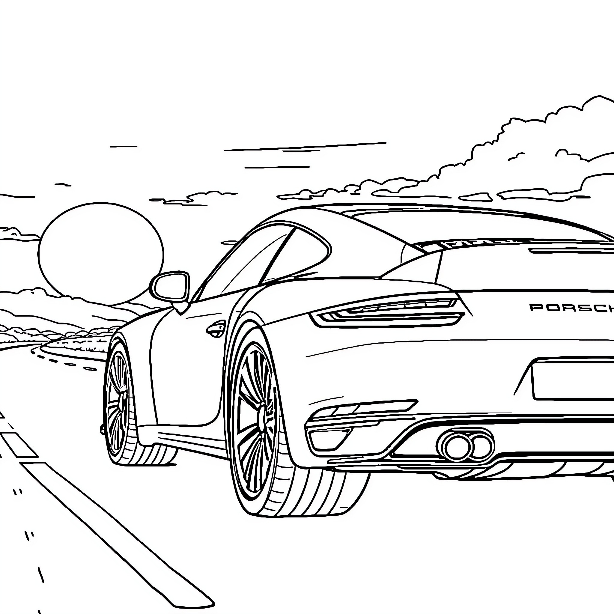 Porsche sports car speeding down the road Coloring Page (free black-and-white line drawing printable PDF for all, from beginners to advanced learners, including children, teens, adults, and seniors)