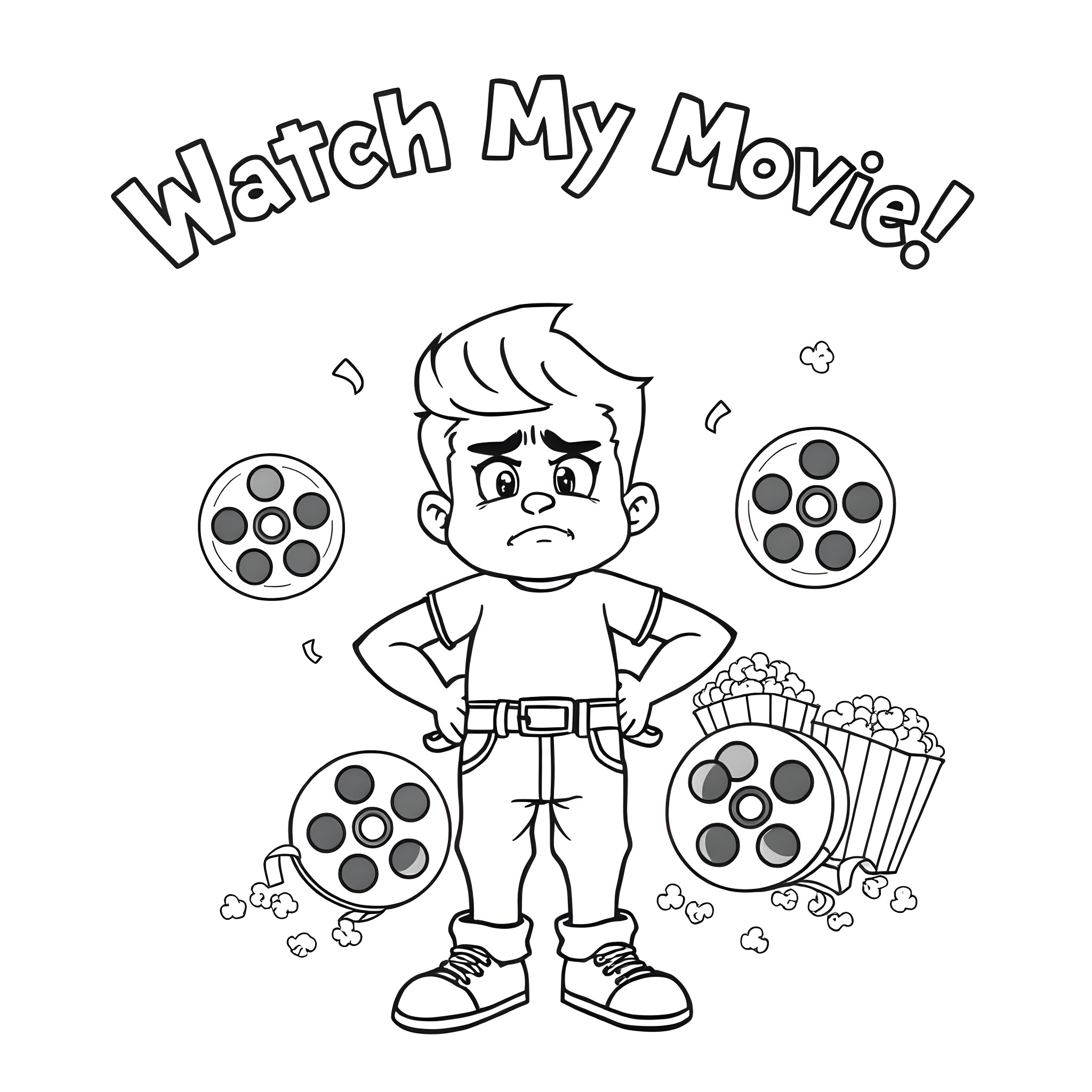 Tommy Boy's Movie Time Coloring Page (free black-and-white line drawing printable PDF for all, from beginners to advanced learners, including children, teens, adults, and seniors)