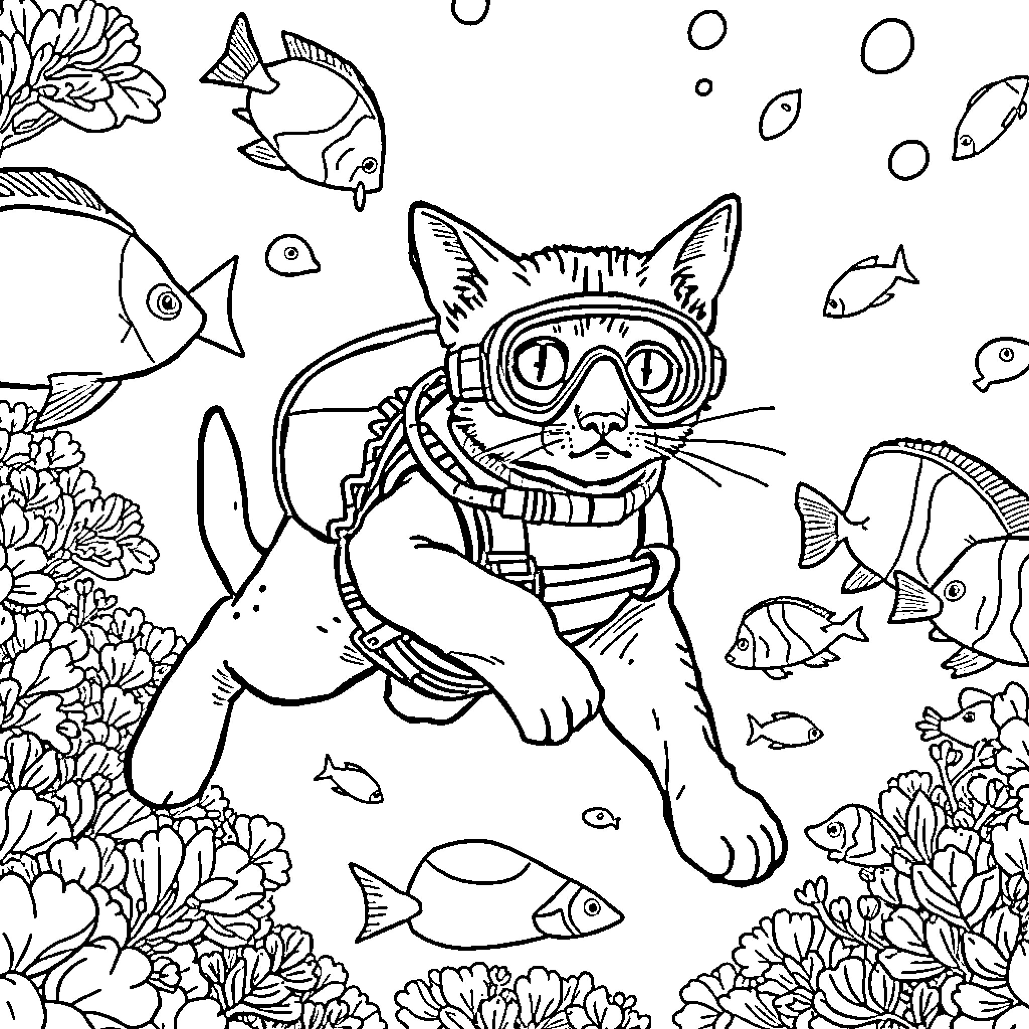 Cat Scuba Diving in Underwater Coral Garden Coloring Page (free black-and-white line drawing printable PDF for all, from beginners to advanced learners, including children, teens, adults, and seniors)