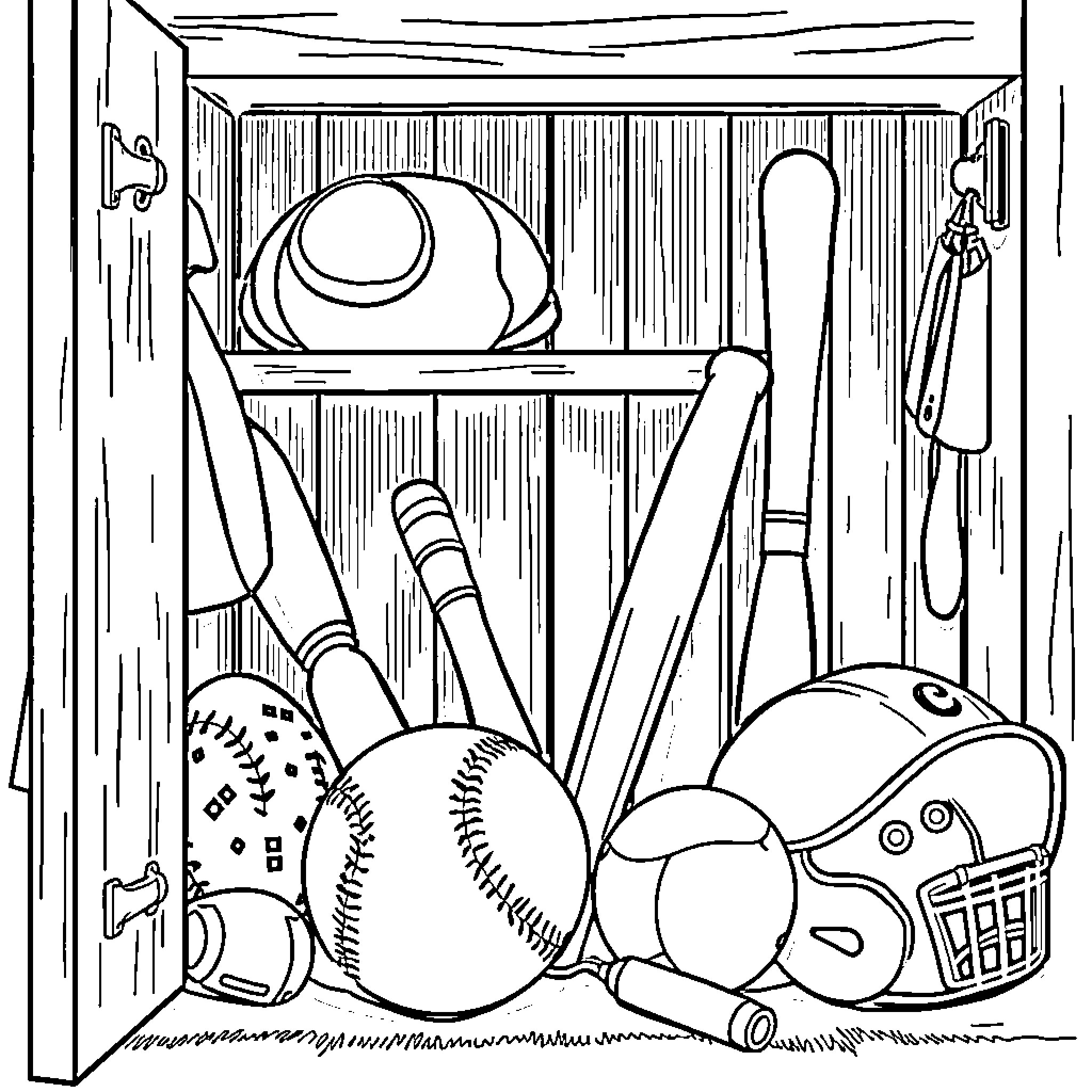 Baseball equipment in a cluttered storage room Coloring Page (free black-and-white line drawing printable PDF for all, from beginners to advanced learners, including children, teens, adults, and seniors)