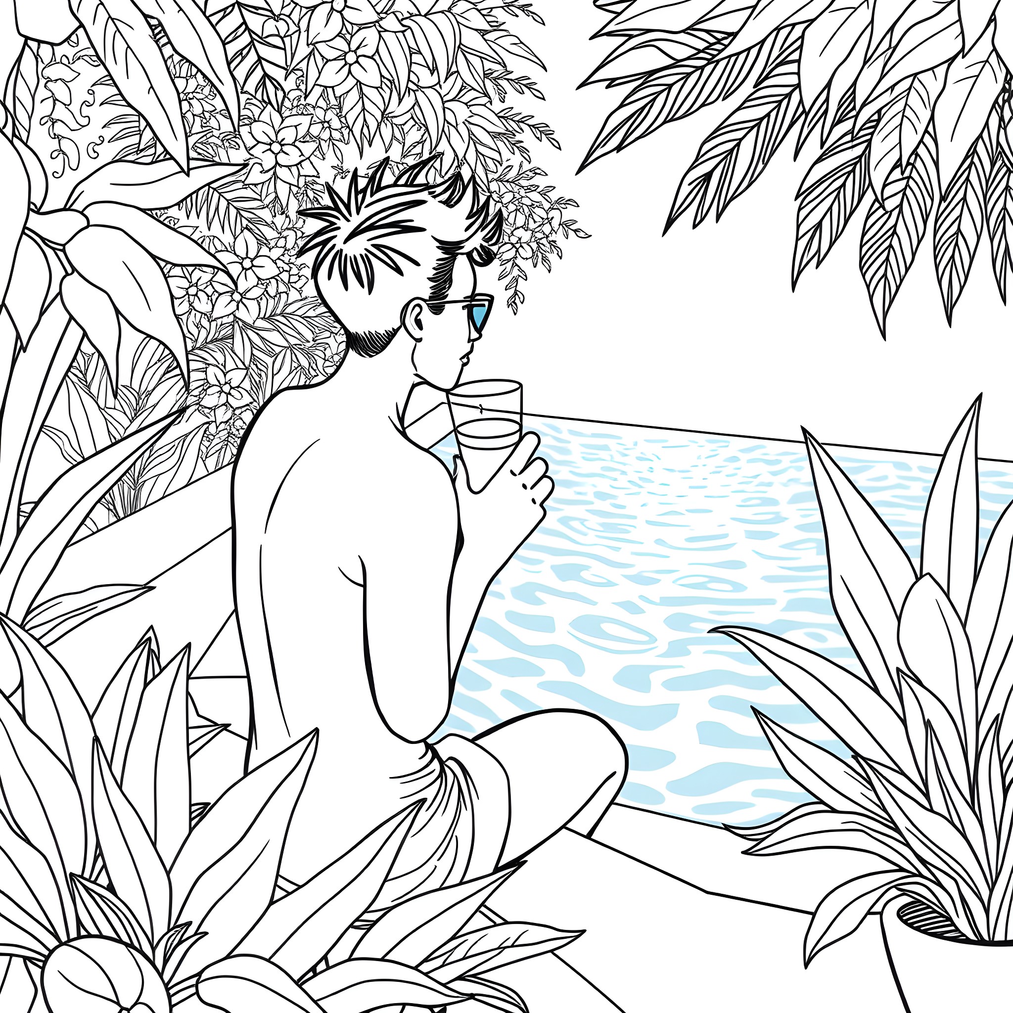 Chlorine-filled Tropical Oasis Coloring Page (free black-and-white line drawing printable PDF for all, from beginners to advanced learners, including children, teens, adults, and seniors)