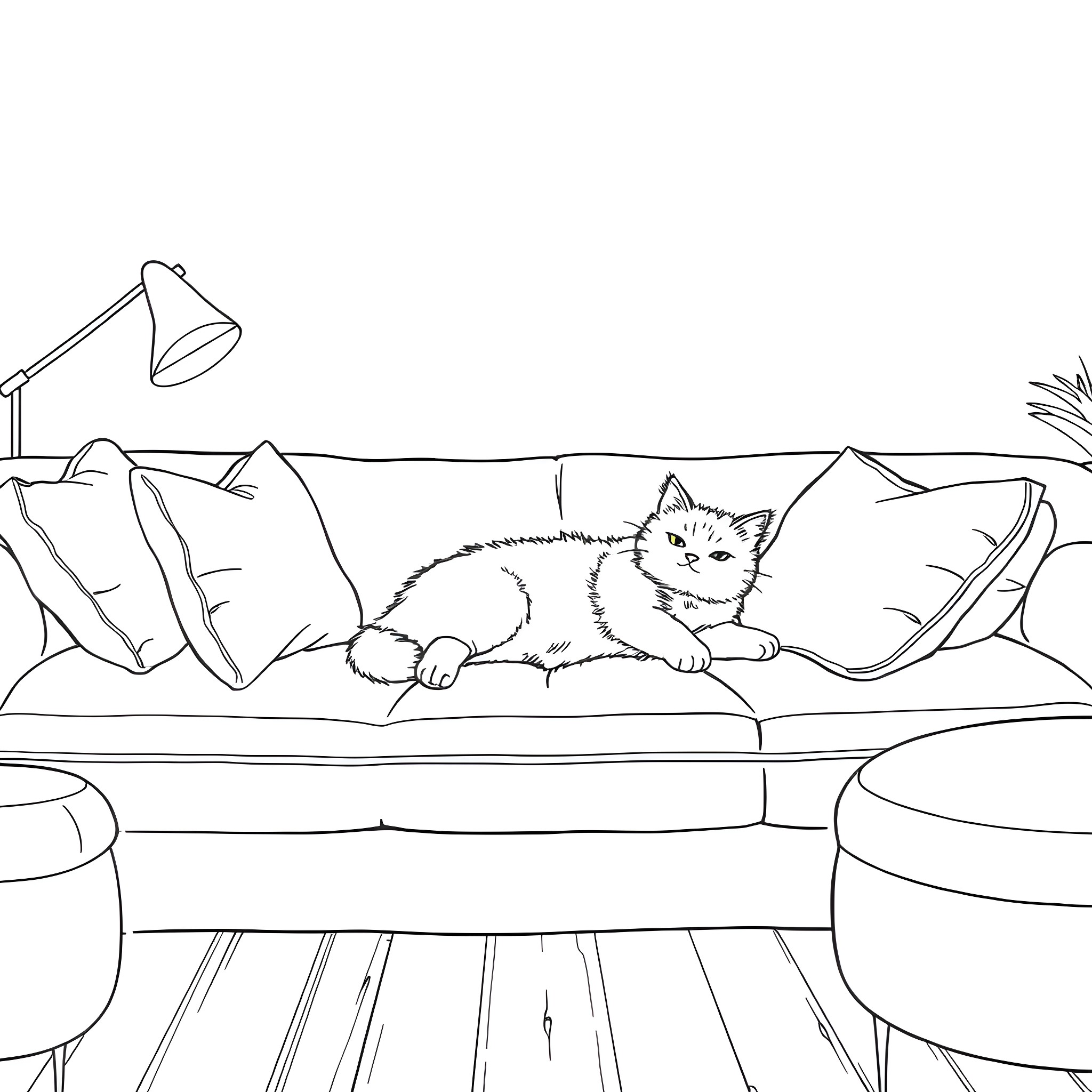 Cat napping peacefully on a couch Coloring Page (free black-and-white line drawing printable PDF for all, from beginners to advanced learners, including children, teens, adults, and seniors)