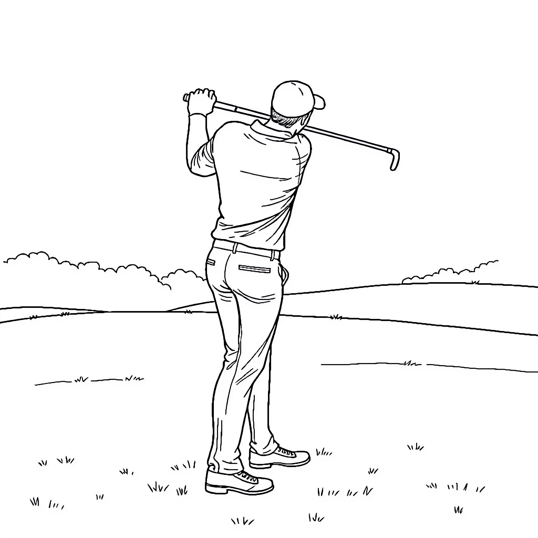 Golfer preparing to swing on course Coloring Page (free black-and-white line drawing printable PDF for all, from beginners to advanced learners, including children, teens, adults, and seniors)