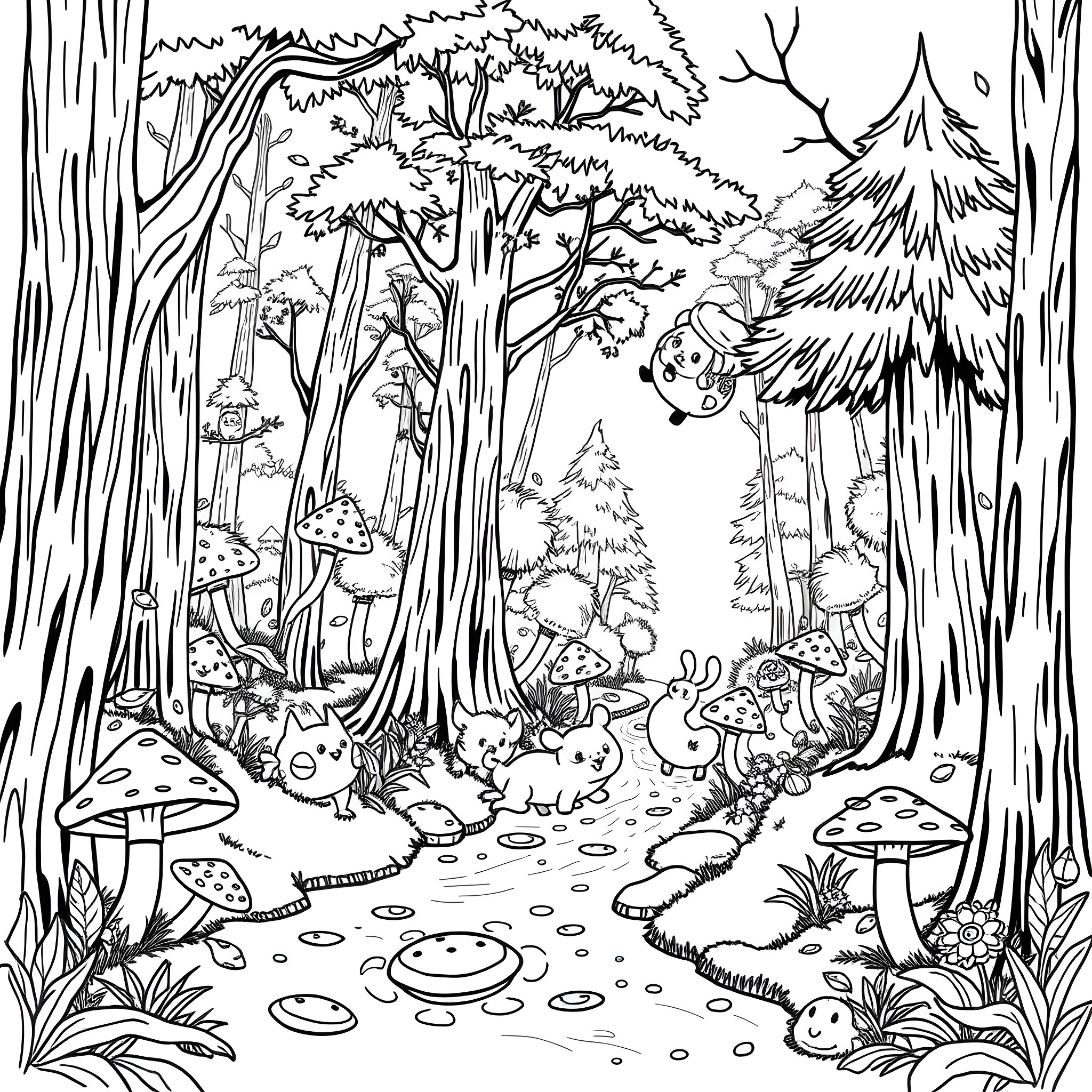Sprunki's Enchanted Forest Playground Coloring Page (free black-and-white line drawing printable PDF for all, from beginners to advanced learners, including children, teens, adults, and seniors)