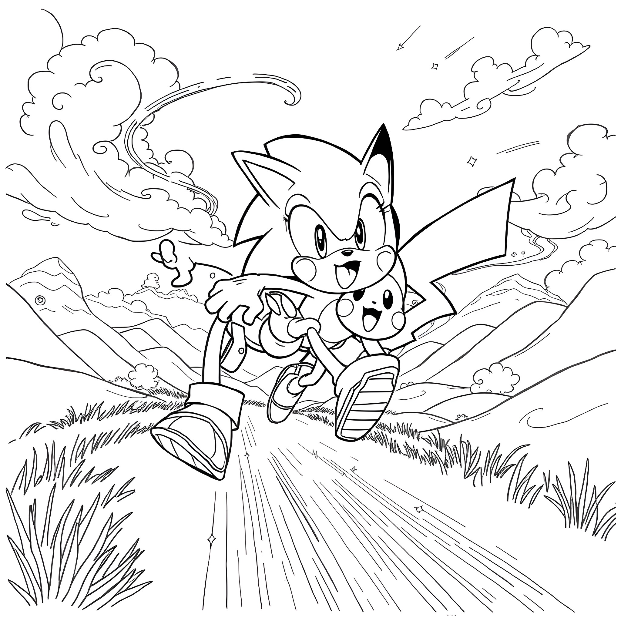 Sonic the Hedgehog running joyfully through the countryside Coloring Page (free black-and-white line drawing printable PDF for all, from beginners to advanced learners, including children, teens, adults, and seniors)