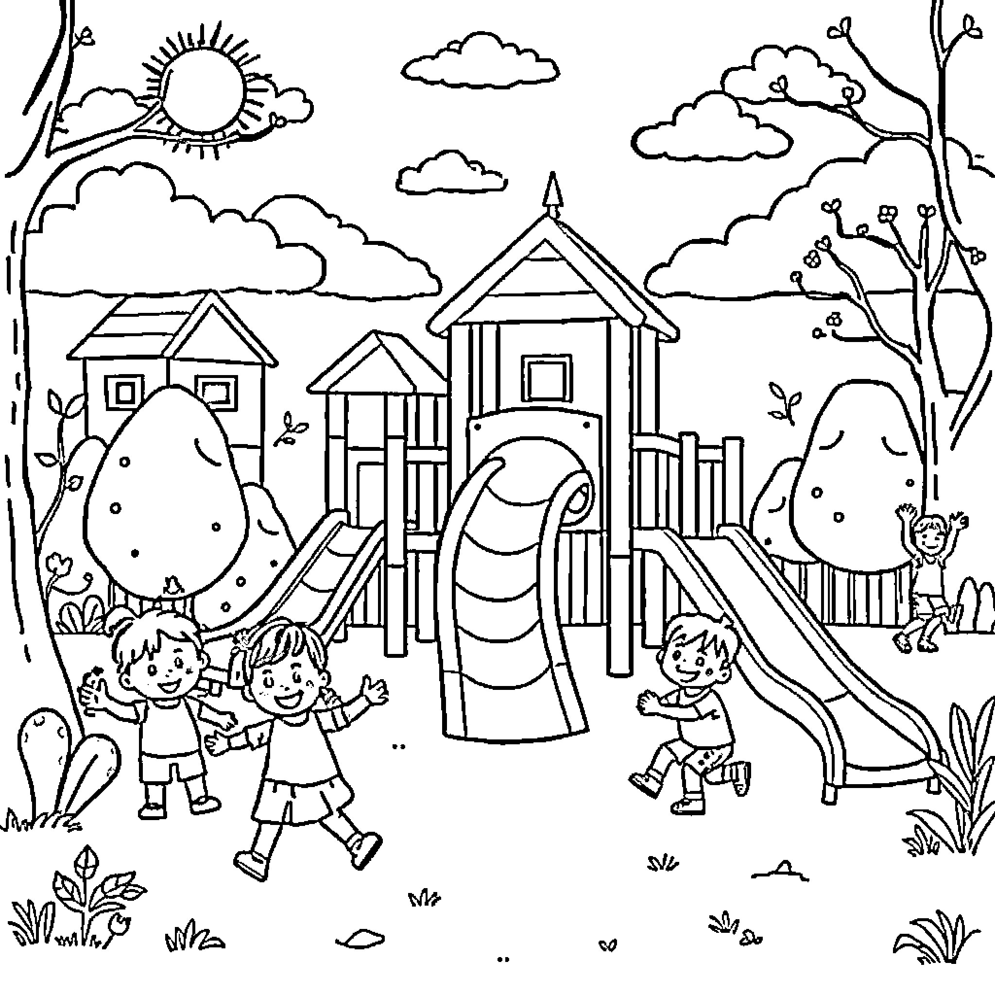 Playground with Children Playing on Slides and Swings Coloring Page (free black-and-white line drawing printable PDF for all, from beginners to advanced learners, including children, teens, adults, and seniors)