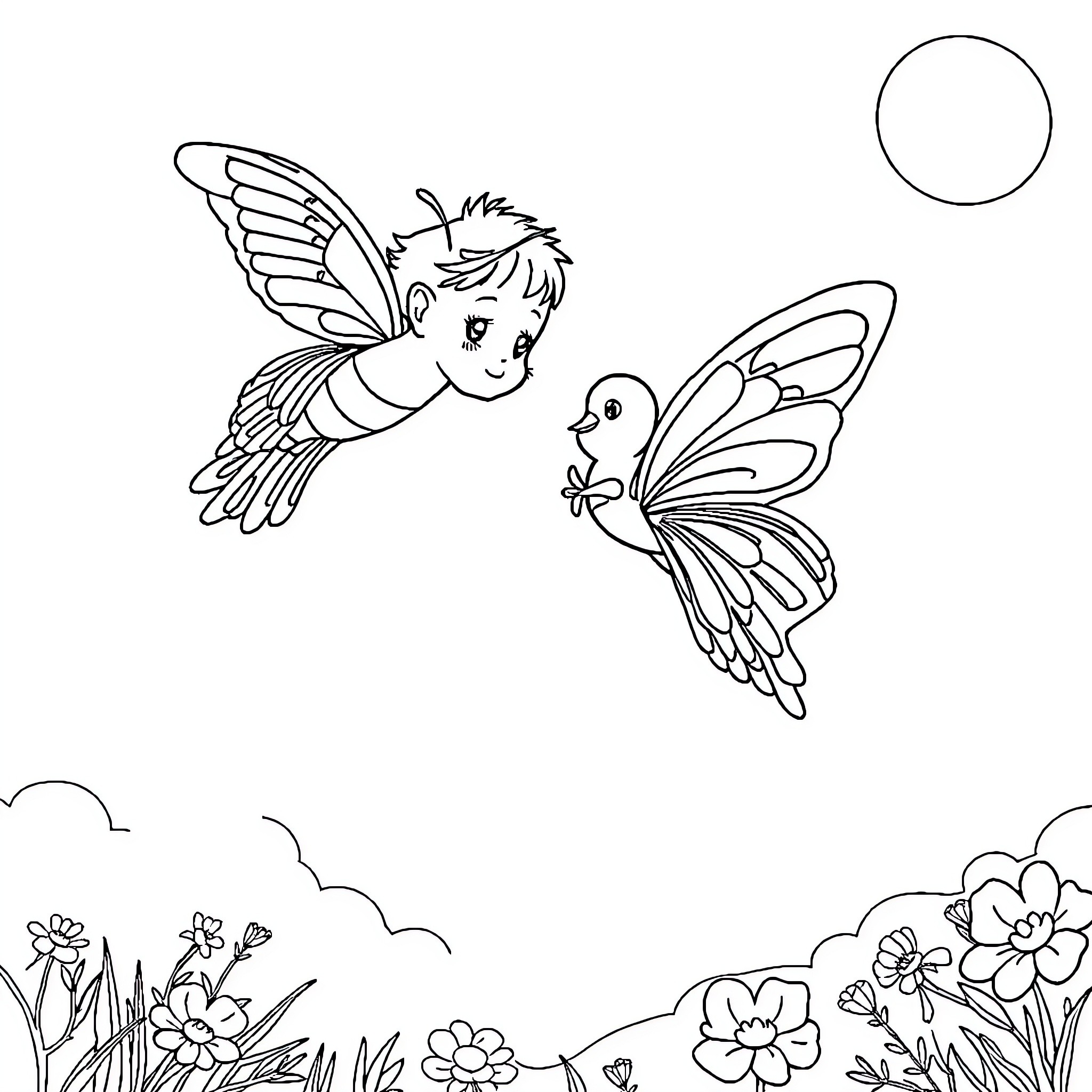 Child flying with butterflies in nature Coloring Page (free black-and-white line drawing printable PDF for all, from beginners to advanced learners, including children, teens, adults, and seniors)