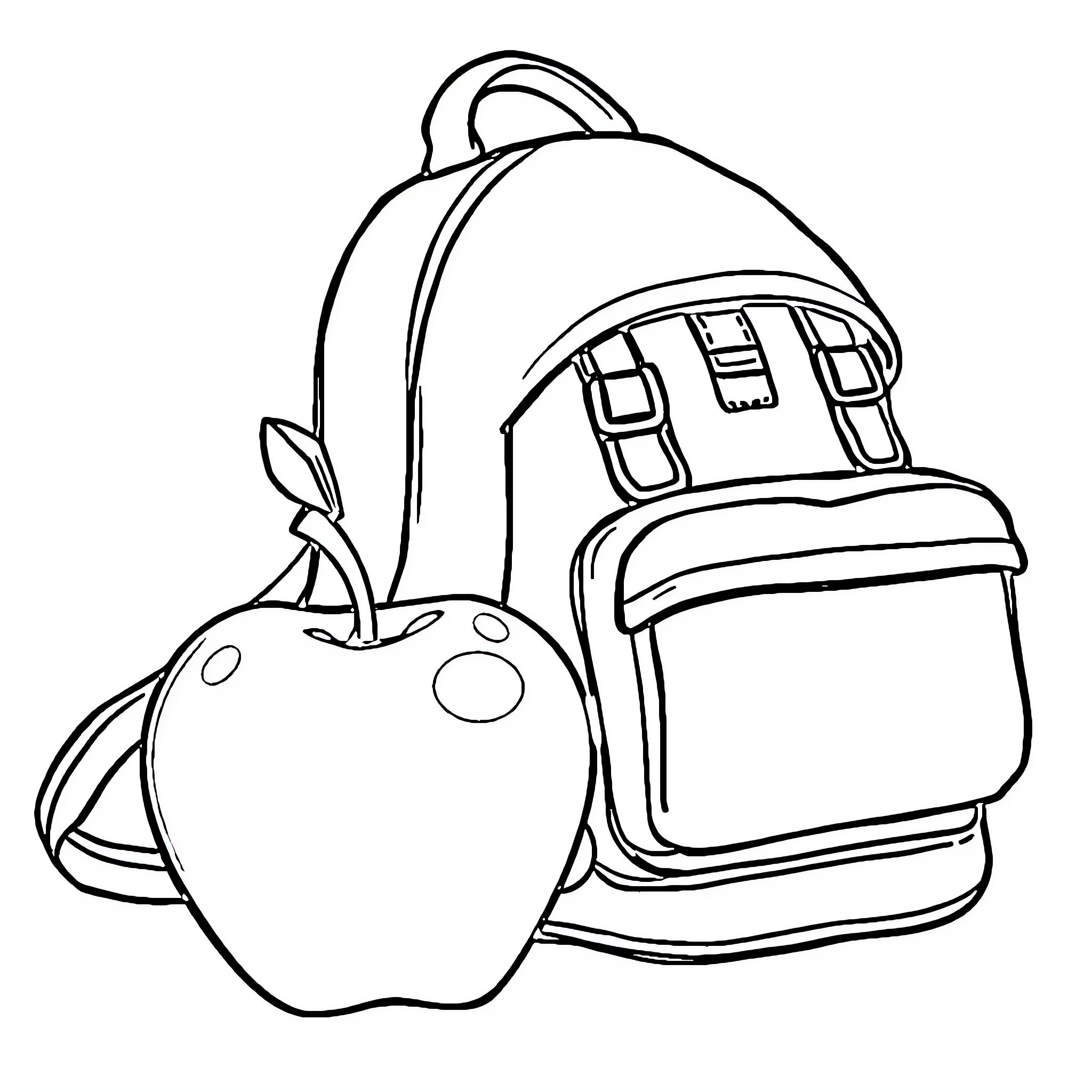 Apple-shaped Backpack with Compartments Coloring Page (free black-and-white line drawing printable PDF for all, from beginners to advanced learners, including children, teens, adults, and seniors)