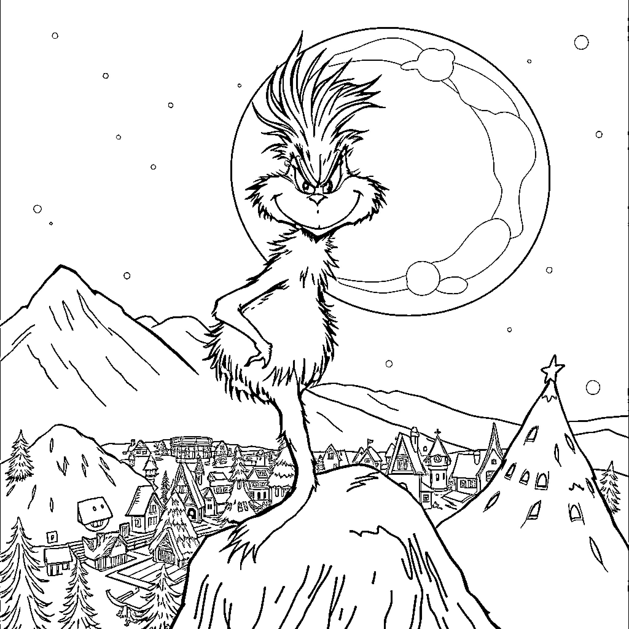 Grinch overlooking a snowy village at night Coloring Page (free black-and-white line drawing printable PDF for all, from beginners to advanced learners, including children, teens, adults, and seniors)