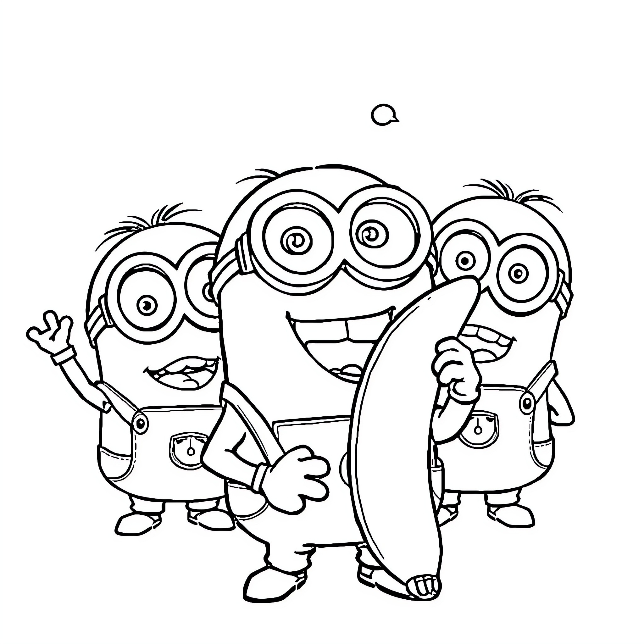 Minions enjoying a fun activity together Coloring Page (free black-and-white line drawing printable PDF for all, from beginners to advanced learners, including children, teens, adults, and seniors)