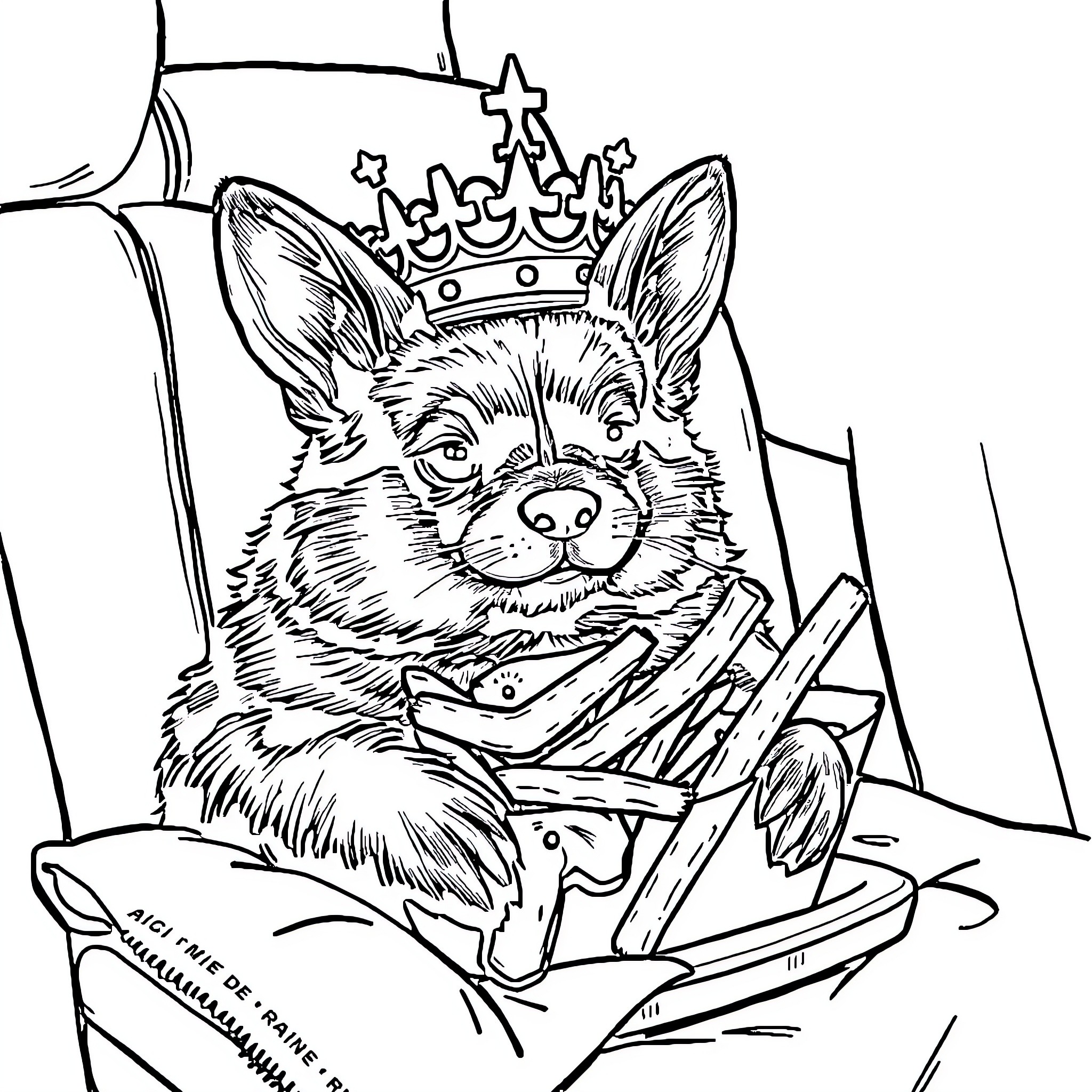 Poodle wearing a crown and sitting on a throne Coloring Page (free black-and-white line drawing printable PDF for all, from beginners to advanced learners, including children, teens, adults, and seniors)