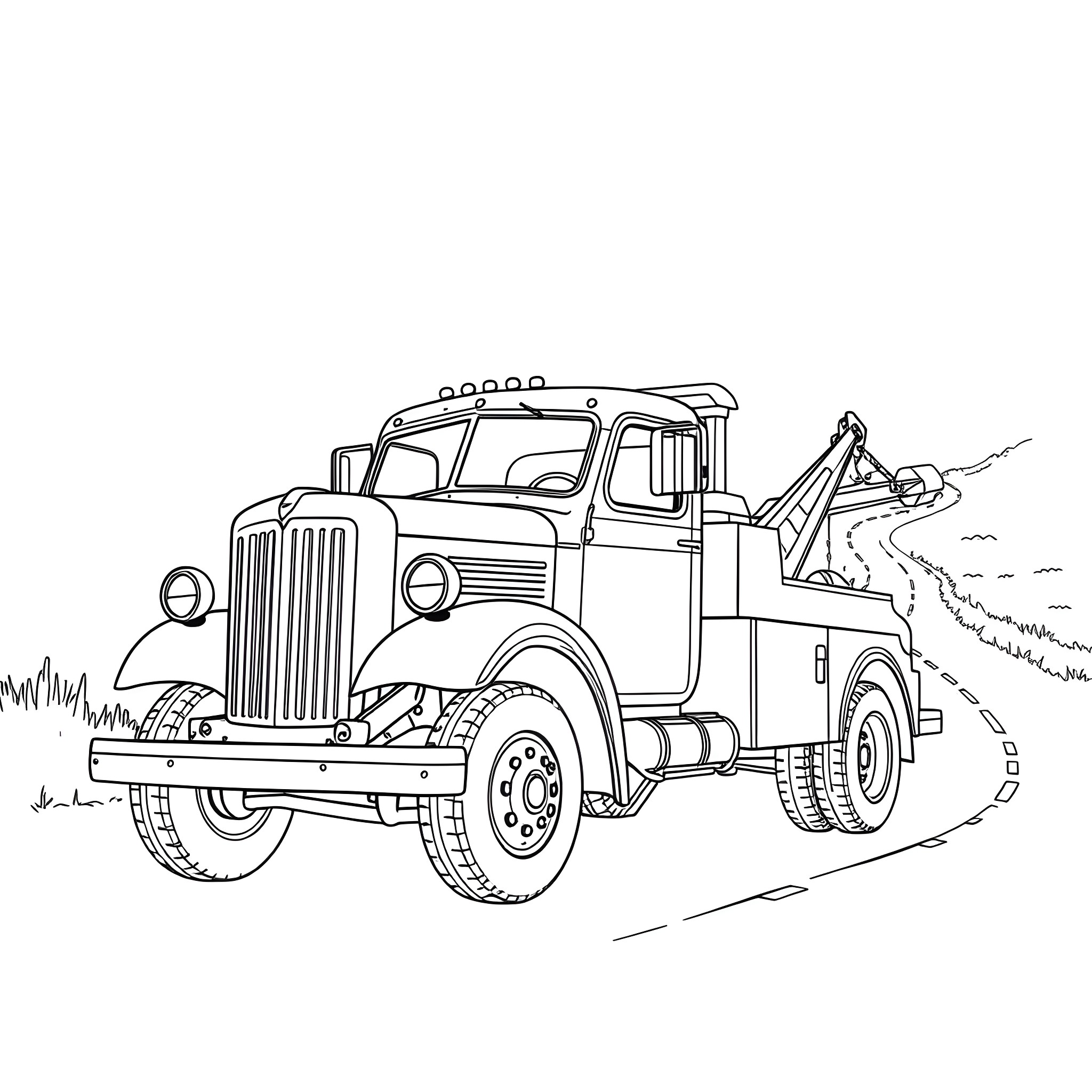 Tow Truck Assisting Broken Down Vehicle on the Road Coloring Page (free black-and-white line drawing printable PDF for all, from beginners to advanced learners, including children, teens, adults, and seniors)