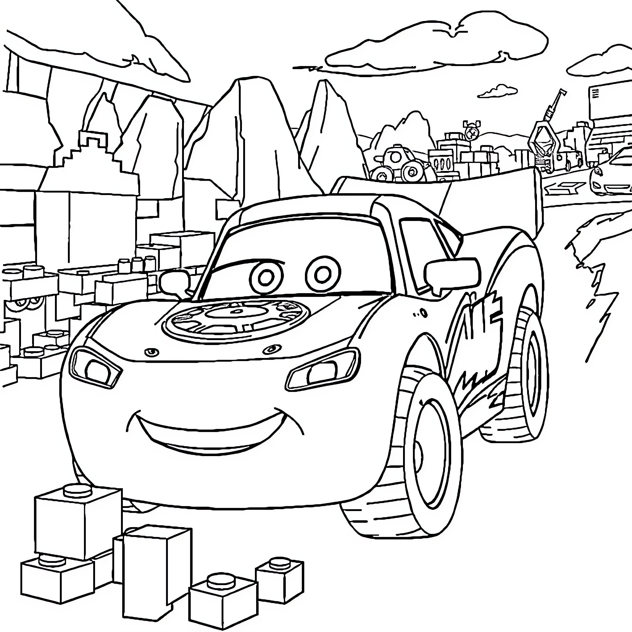 Flash McQueen's Adventures in the Cartoon World Coloring Page (free black-and-white line drawing printable PDF for all, from beginners to advanced learners, including children, teens, adults, and seniors)