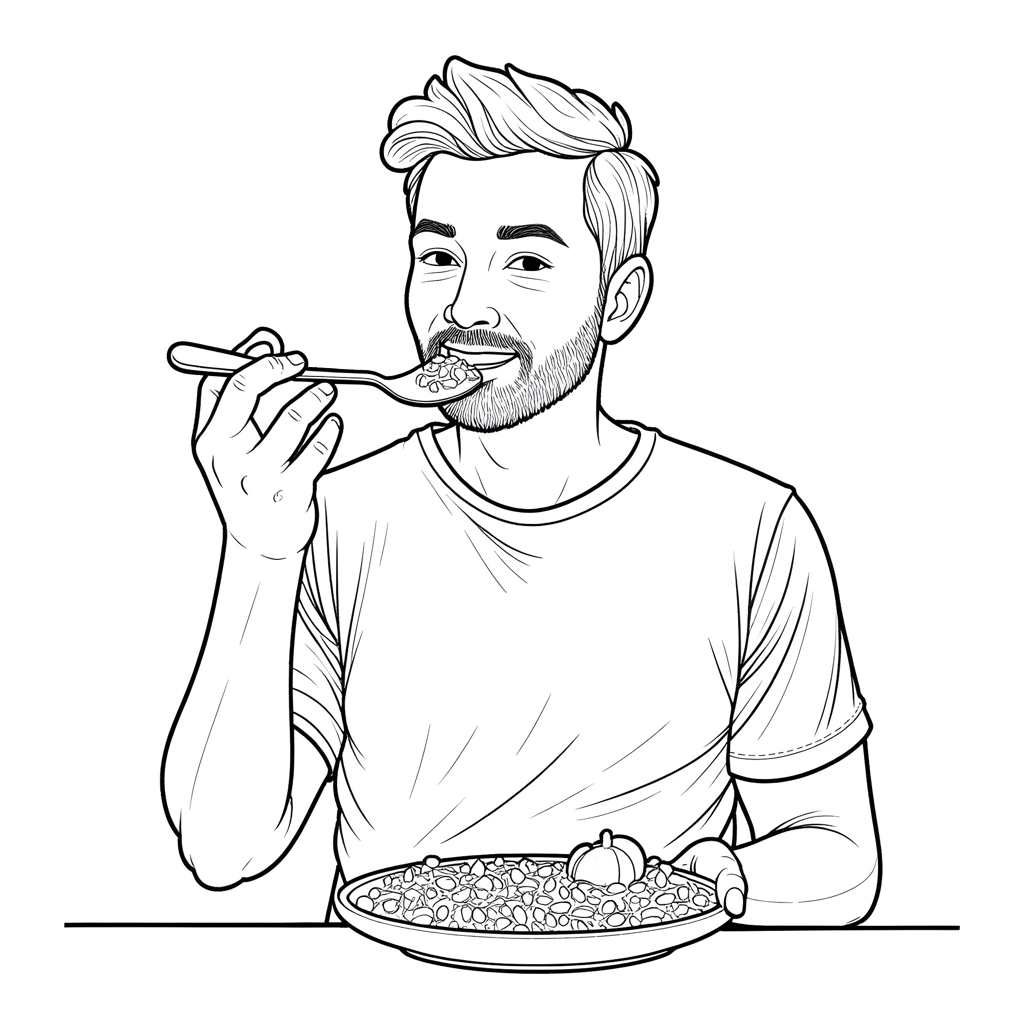 Guy enjoying a meal Coloring Page (free black-and-white line drawing printable PDF for all, from beginners to advanced learners, including children, teens, adults, and seniors)